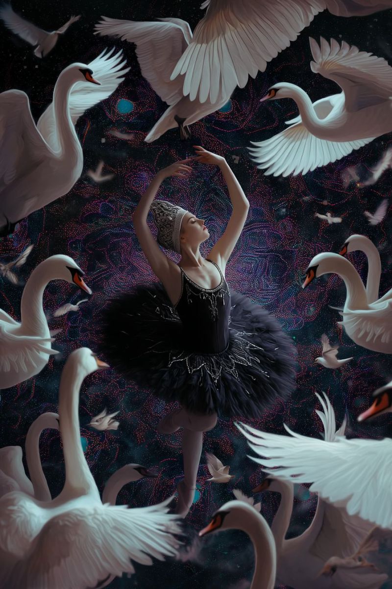 Ballet ballerina dance performance swan grace fantasy imagination dream magic night sky feathers wings movement expression emotion A ballerina in a black tutu and hat stands gracefully with arms raised, surrounded by white swans flying in various directions. The swans have their wings spread, and some are in mid-flight. The background is a mix of purple and black with a starry, galaxy-like pattern. The ballerina's expression is serene, and she appears to be in a moment of ballet performance.