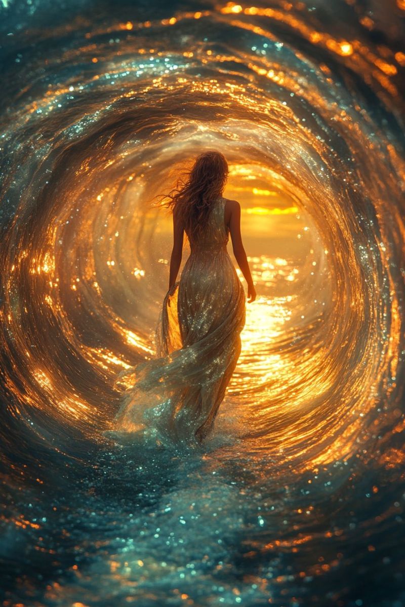 Fantasy female water vortex surreal ocean science fiction woman walking through oceanic portal magica In the image, there is a woman standing on a riverbank at sunset. She has long hair and is dressed in a flowing, white, ethereal dress that appears to be glowing with light. The background features a vibrant galaxy filled with stars and nebulas, creating a dynamic backdrop for her silhouette. Her gaze is directed upward towards the sky, suggesting a sense of wonder or contemplation. She is located on a riverside with trees visible in the distance. The overall scene is serene and mystical, evoking a feeling of connection to the natural world and the universe beyond.