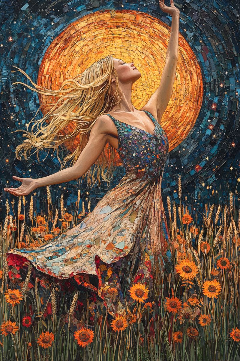 Femme soleil mosaique fleurs nature champ tournesols ble herbe ciel etoiles soiree reve fantaisie beaute Dans un champ vibrant d'herbe haute et de tournesols, une femme aux longs cheveux blonds se tient avec grâce. Ses bras sont levés, et elle semble danser ou tendre les mains vers le ciel. Elle porte une robe colorée à motif de mosaïque qui mêle diverses nuances de bleu, d'orange et de vert. Derrière elle, un grand soleil circulaire en mosaïque aux carreaux bleus et orange complexes domine l'arrière-plan, irradiant chaleur et lumière. Le soleil est entouré d'une mosaïque d'étoiles et d'épis de blé, ajoutant à l'effet global de mosaïque de l'oeuvre