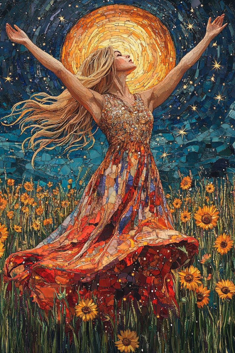 Female sunflower field celestial sky night starry music festival vibe energy positivity spirituality inspiration hippie bohemi The image portrays a young woman standing in a field of tall grass, with her arms outstretched. She is wearing a long dress with a floral pattern and the colors orange, red, and green are prominent in her attire. Her hair is long and flowing, suggesting movement. The background features a starry night sky and a sun setting or rising low on the horizon, which adds to the serene and picturesque atmosphere of the scene. The woman appears to be in a joyful or celebratory pose, as if she's embracing the moment. The overall impression is one of peaceful solitude and connection with nature.