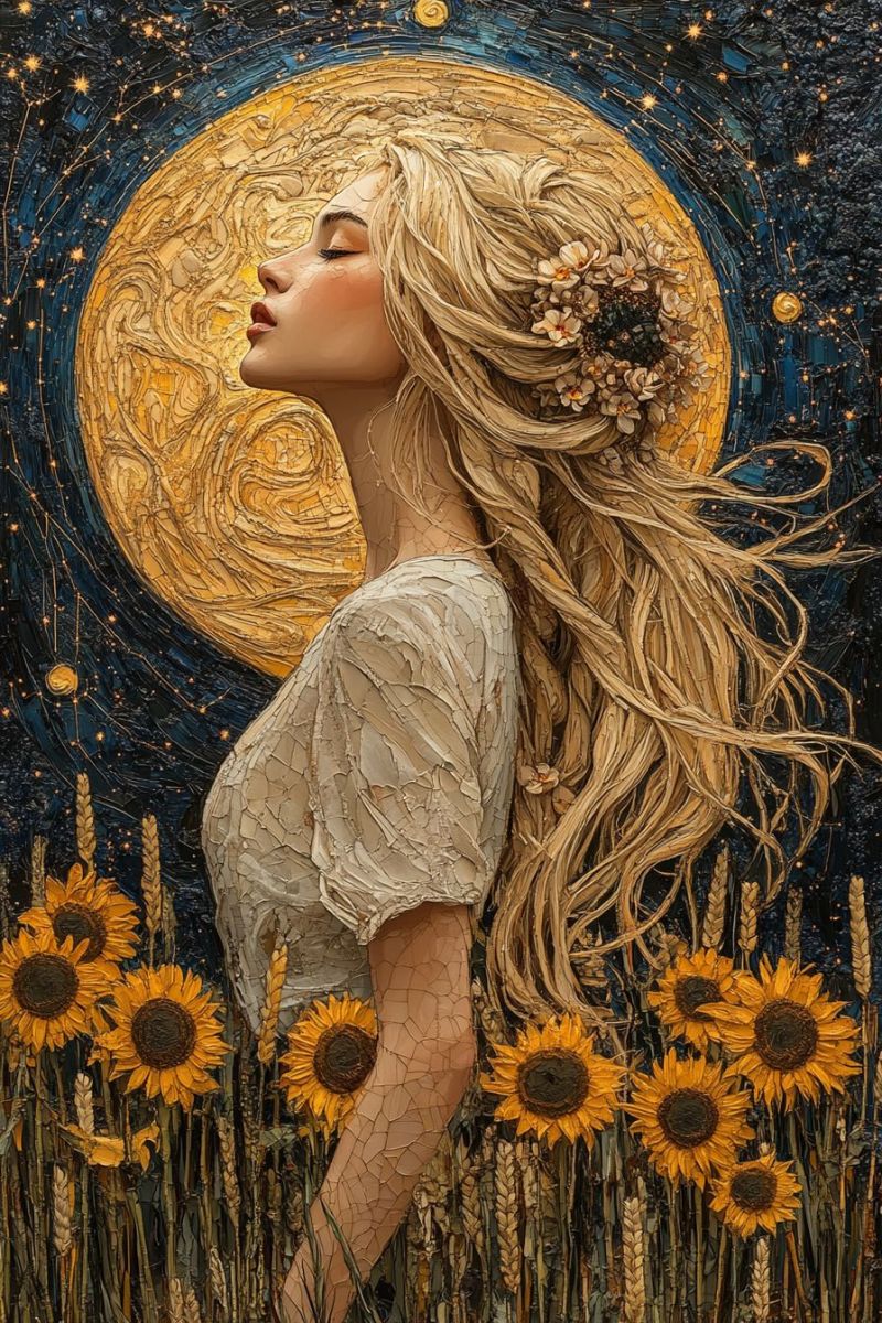 Fantasy female woman blonde hair sunflower celestial stylized inspirational poster science fiction genre galactic space sci This image features a young female with long, dark hair styled into waves. She is wearing makeup that includes defined eyeliner, eyeshadow, and lipstick. The individual is adorned with a festive or seasonal headdress that has snowflake decorations and what appears to be a glittery material reminiscent of snow or frost. The person's attire suggests a winter theme, as evidenced by the white and icy elements on the headdress and what might be snowflakes on her shoulders or chest area. She is also wearing a garment that resembles a feather boa or shawl with fringes. The background is not distinct enough to provide details about, but it appears to be an outdoor setting with a wintry atmosphere given the white and icy tones. The person's facial expression is neutral with a slight smile, looking directly at the camera. Her gaze is gentle and engaging. The overall style of the image is a fantasy or fairy tale-themed photograph, possibly for promotional or artistic purposes, designed to evoke a sense of enchantment and winter magic.