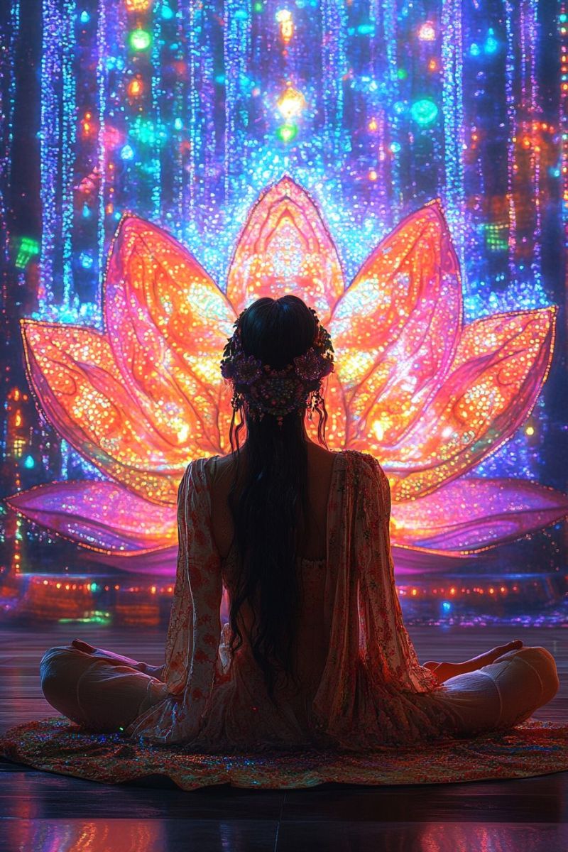 Depeint meditation centre environnement magnifiquement eclaire assise terre jambes croisees leur entoure elabore batiment lumineux L'image est d'un artwork ou une illustration numérique. Un personnage dans la position des lotus, entouré d'une illumination futuriste avec des lumières et des motifs colorés en arrière-plan. Le personnage a une apparence éthérée, avec des cheveux longs et un maquillage détaillé qui comprend un motif de fleurs sur le visage. Il est entouré de sphères lumineuses et de dessins complexes qui donnent un air magique ou de la science-fiction. En avant-plan, il y a un grand objet lotus-illuminé qui semble émettre la lumière et qui est coloré à des nuances de rose et de pourpre. Le paysage suggère une scène d'un film d'animation ou du concept art pour un jeu vidéo.