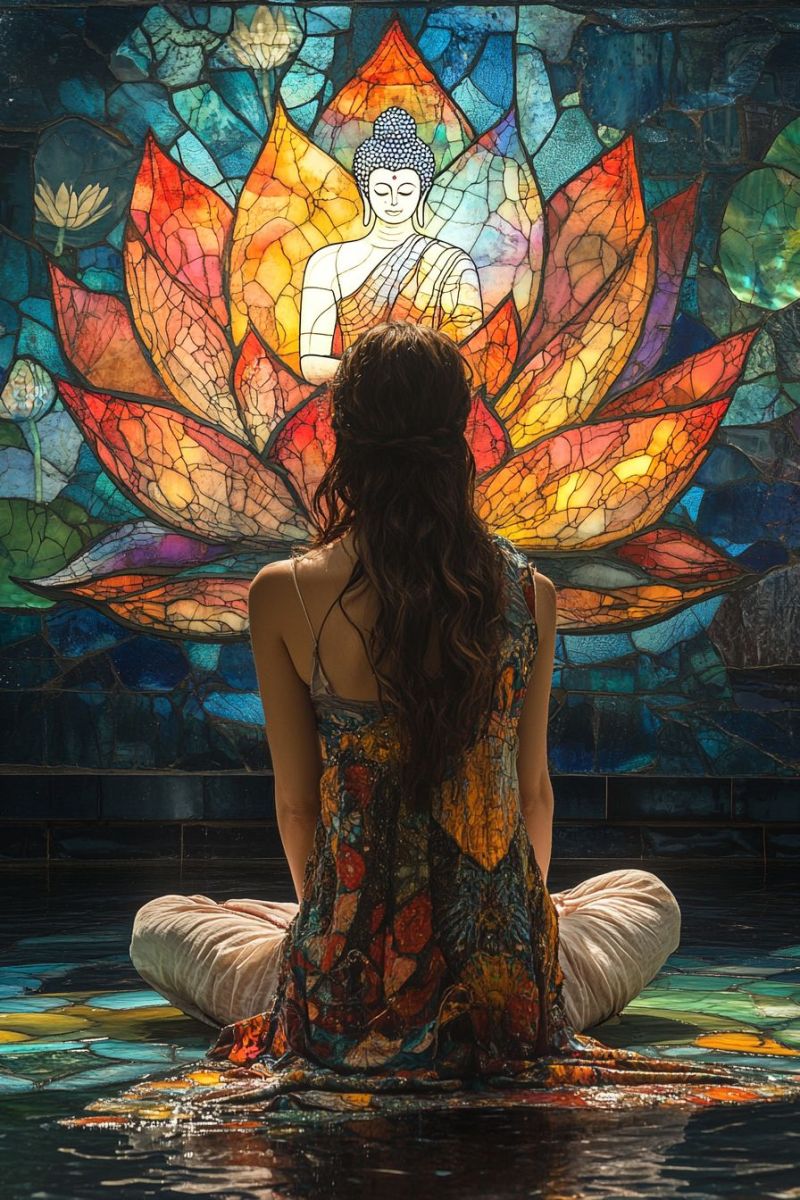 Fenetre verre tachee meditation cadre paisible lotus comme symbole yoga emplacement mer culture ambiance retraite spirituelle atmosphere cal Une personne assise dans une pose méditative avec les jambes croisées et les mains reposant sur ses genoux. Elle porte un haut coloré avec un motif floral qui donne l'impression d'être entourée de nature. Devant elle, une grande fenêtre en verre teinté présente un figure de bouddha au centre, encadrée par un design complexe qui inclut des fleurs, des feuilles et ce qui semble être des flammes à la base. La fenêtre est vibrante avec plusieurs couleurs, créant une atmosphère chaleureuse et invitante. La personne semble regarder vers la vitrine en verre teinté, qui a une qualité paisible et sereine. L'endroit ressemble à un espace intérieur avec une ambiance tranquille.