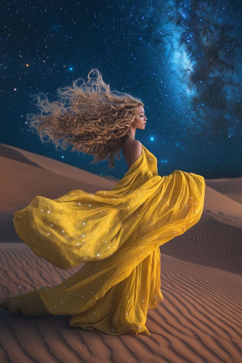 Female yellow swirling desert sand night sky milky way galaxy space star trail wide angle shot twilight lighting exposure woman in motion against a backdrop of a starry night sky. The woman appears to be dressed in a flowing, yellow gown with sequins or sparkles, suggesting it might be a dress made of tulle or a similar material known for its flowy appearance. Her hair flows freely behind her, and she seems to be mid-dance or movement, as indicated by the motion blur effect on her hair and clothes. The setting is a desert with sand dunes in the foreground, underlining a sense of vastness and open space. In the background, there is a large celestial body that resembles Jupiter's moon Europa, visible with its icy surface, which indicates that this image might be digitally enhanced or created to depict an otherworldly environment. The overall style of the image conveys a sense of fantasy and ethereal beauty, emphasized by the use of starburst effects around her head and upper body, enhancing her radiant aura.