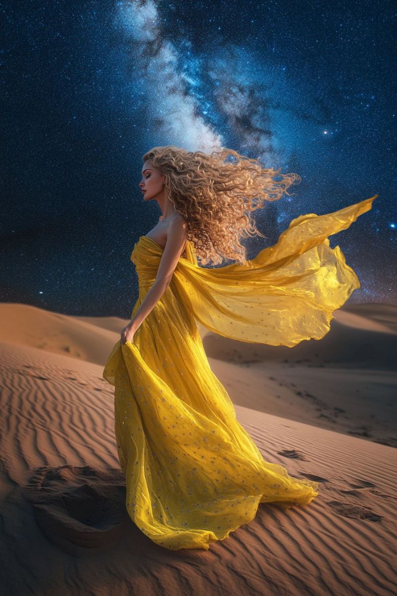 Female musician stylized space cosmic dreamy night sky yellow ruffle sand dune desert twilight elegant This image features a person in mid-stride against the backdrop of a starlit sky. The individual has long hair that flows behind them and is dressed in a flowing yellow garment that gives off a bohemian vibe, complementing the natural and desert-like setting beneath them. The person's pose suggests movement and a sense of freedom or wanderlust. The surrounding landscape is barren and sandy, typical of a desert environment. Above, the night sky is filled with stars, providing a contrast to the warm glow of the light source below. There are no texts visible in the image.