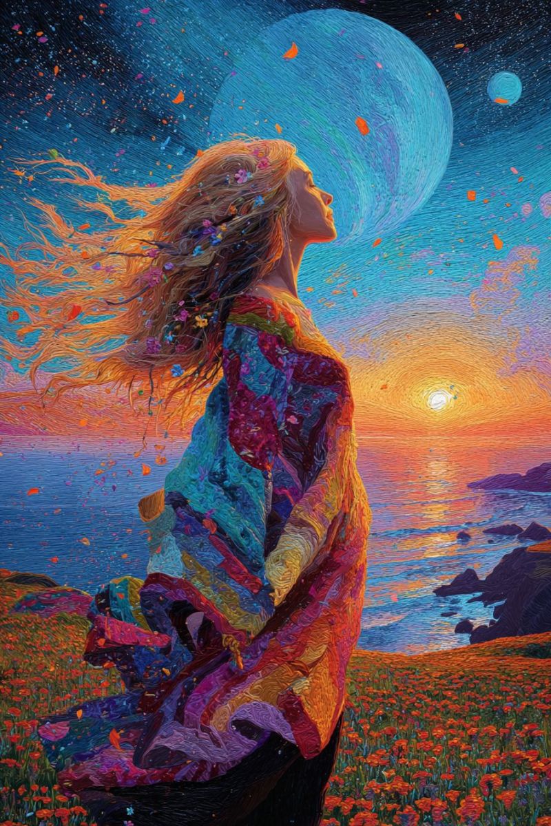 Femme fantaisie imagination reves surrealisme surrealiste ocean coucher soleil fleur nature Une femme aux longs cheveux flottants se tient dans un champ de fleurs rouges vibrantes, son regard dirigé vers le ciel. Elle porte une robe colorée et fluide ornée de divers motifs et couleurs. Le ciel est un mélange de bleus profonds et de teintes chaudes de coucher de soleil, avec une grande planète et une plus petite lune visibles. La scène se déroule sur fond d'un océan serein et de falaises rocheuses, avec le soleil se couchant au loin, projetant une lueur dorée sur le paysage.