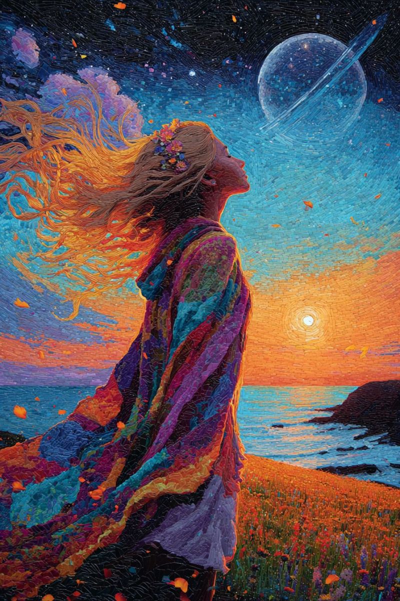 Femme ciel fleurs ocean coucher soleil planete nuages etoiles espace fantaisie reve imagination beaute inspiration creativite Une femme aux cheveux longs et flottants se tient sur un champ d'herbe, ses cheveux flottant au vent. Elle porte un vêtement coloré et fluide orné de fleurs. Elle regarde vers le ciel, qui présente un coucher de soleil aux teintes chaudes orange et rose. Dans le ciel, il y a une grande planète lumineuse avec des anneaux, entourée d'étoiles et d'une nébuleuse. L'océan est visible en arrière-plan, avec une petite île et un soleil couchant. Toute la scène est représentée dans un style de mosaïque avec des couleurs vibrantes.