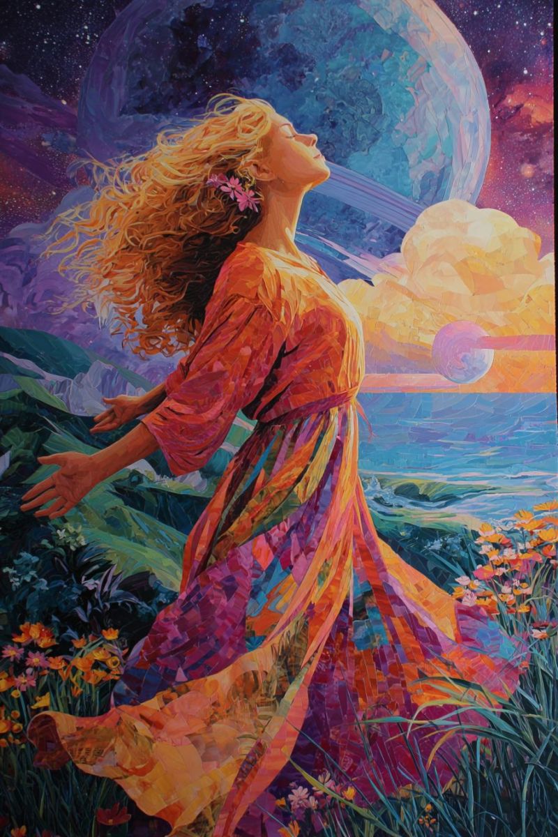 Femme robe fleur ciel univers espace planete nuage soleil mer montagne herbe fantaisie reve Dans le tableau, une femme aux longs cheveux blonds ondulant se tient dans un champ luxuriant et vibrant de fleurs. Elle porte une robe colorée et fluide qui capture l'essence d'un coucher de soleil avec des teintes d'orange, de rose et de violet. Ses yeux sont fermés, et elle semble regarder vers le haut, peut-être vers le ciel. Derrière elle, le ciel est un mélange de violets profonds et de bleus, avec une grande planète ou lune dominant la partie supérieure de la scène. La planète est entourée d'un anneau d'étoiles, ajoutant au thème céleste. Le fond présente également un océan serein et une chaîne de montagnes au loin, créant un paysage harmonieux et irréel.