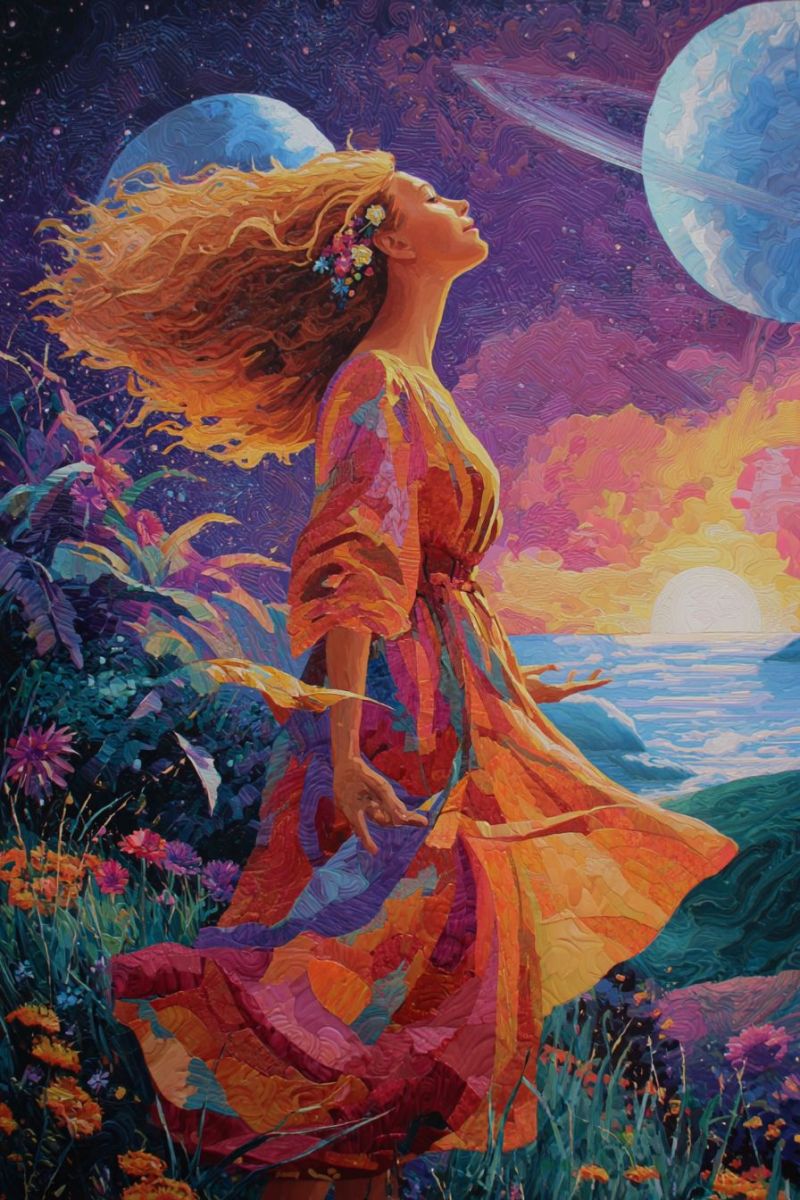 Woman dress flowers sky planets ocean sunset stars painting fantasy imagination dreams inspiration creativity beauty nature space In the painting, a woman with long, wavy blonde hair stands in a vibrant field of flowers. She wears a colorful, flowing dress that catches the light, blending shades of orange, pink, and purple. Her hair flows freely, and she has a serene expression as she gazes upward. Behind her, the sky transitions from deep purples and blues to warm yellows and oranges, suggesting a sunset. In the background, celestial bodies are depicted: a large, detailed planet with rings and another planet with a moon orbiting it. The scene is set against a back of a serene ocean, with gentle waves under the setting sun.