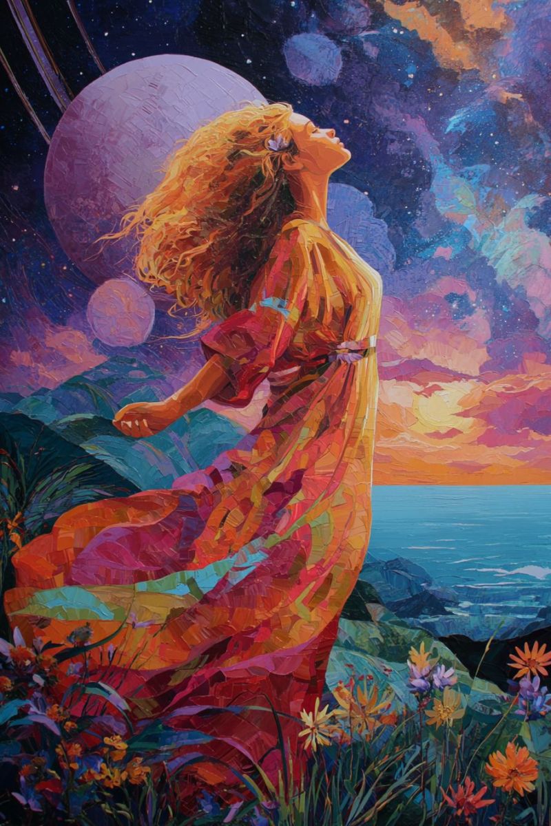 Femme ciel fleurs ocean montagnes etoiles planetes coucher soleil robe regard nature beaute inspiration creativite Une femme aux cheveux blonds bouclés se tient sur une falaise surplombant un vaste océan sous un ciel étoilé et vibrant. Elle porte une robe fluide aux multiples couleurs qui capte la lumière, se mêlant aux fleurs colorées autour d'elle. Le ciel est un mélange de bleus profonds, de violets et d'oranges, avec une grande planète et des anneaux dans le coin supérieur gauche. L'horizon montre un coucher de soleil aux teintes chaudes, et l'océan est calme et bleu.
