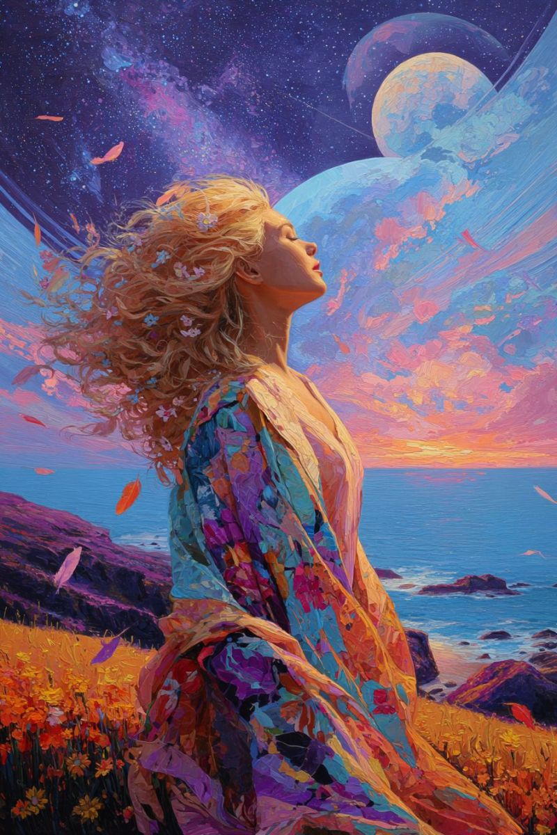 Femme fantaisie espace univers planete etoile ciel nuage coucher soleil ocean plage fleur robe Une femme aux cheveux blonds bouclés se tient sur une falaise surplombant un coucher de soleil. Elle porte une robe colorée et fluide ornée de motifs floraux. Le ciel au-dessus est un mélange de bleus profonds, de violets et de roses, avec des étoiles et une grande planète visible. L'océan s'étend en contrebas, avec des rochers et une petite île au loin. La scène est vibrante et pleine de mouvement, avec des plumes flottant dans l'air.