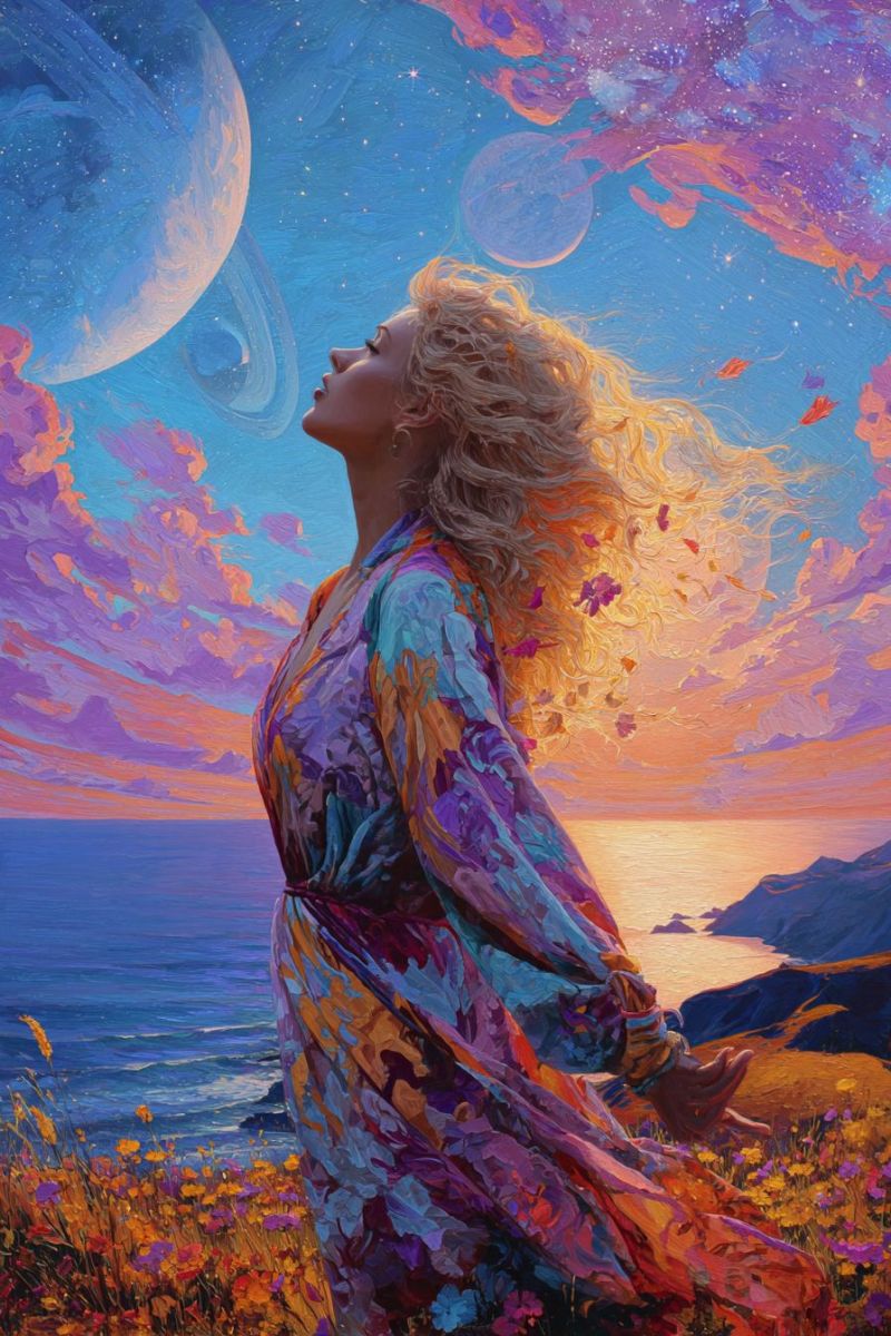 Femme fantaisie reve imagination espace univers planete etoile ciel nuage fleur champ ocean montagne coucher soleil Une femme aux cheveux blonds bouclés se tient dans un champ de fleurs, sa robe flottant dans la brise. Elle lève les yeux vers le ciel, rempli de couleurs vives de violet, orange et bleu. Au loin, un océan serein rencontre l'horizon, et deux grandes planètes sont visibles dans le ciel, l'une avec un anneau autour d'elle. La scène est baignée dans la chaleur dorée du soleil couchant.