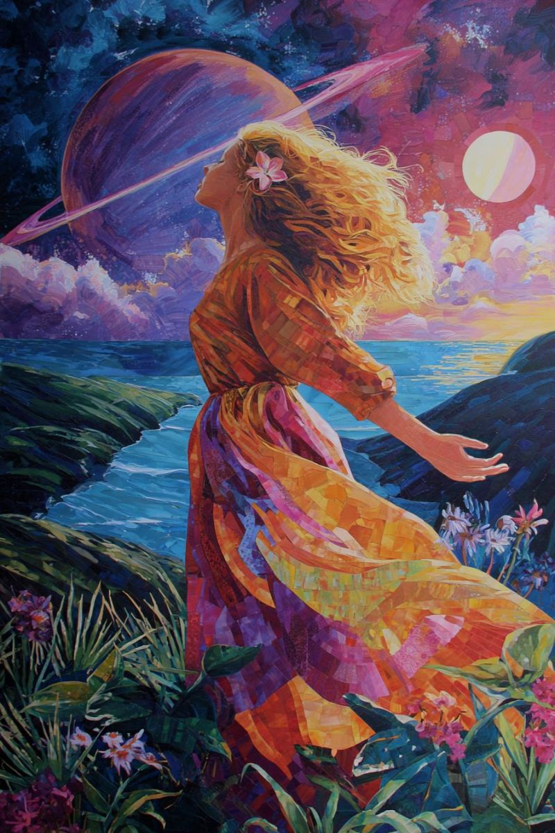 Painting woman dress flower sky ocean planet space sun cloud girl fantasy nature universe star flowers sea In the painting, a woman with long, wavy blonde hair stands on a grassy hill, gazing upwards at the sky. She wears a colorful, flowing dress with a mix of orange, pink, and green hues. A pink flower is tucked behind her ear. The sky is a vibrant mix of purples, blues, and reds, with a large planet and its rings visible in the background. The sun, depicted as a large, glowing circle, is setting on the horizon, casting a warm, golden light over the scene. The ocean stretches out below, with a small island visible in the distance. The overall atmosphere is dreamy and otherworldly.