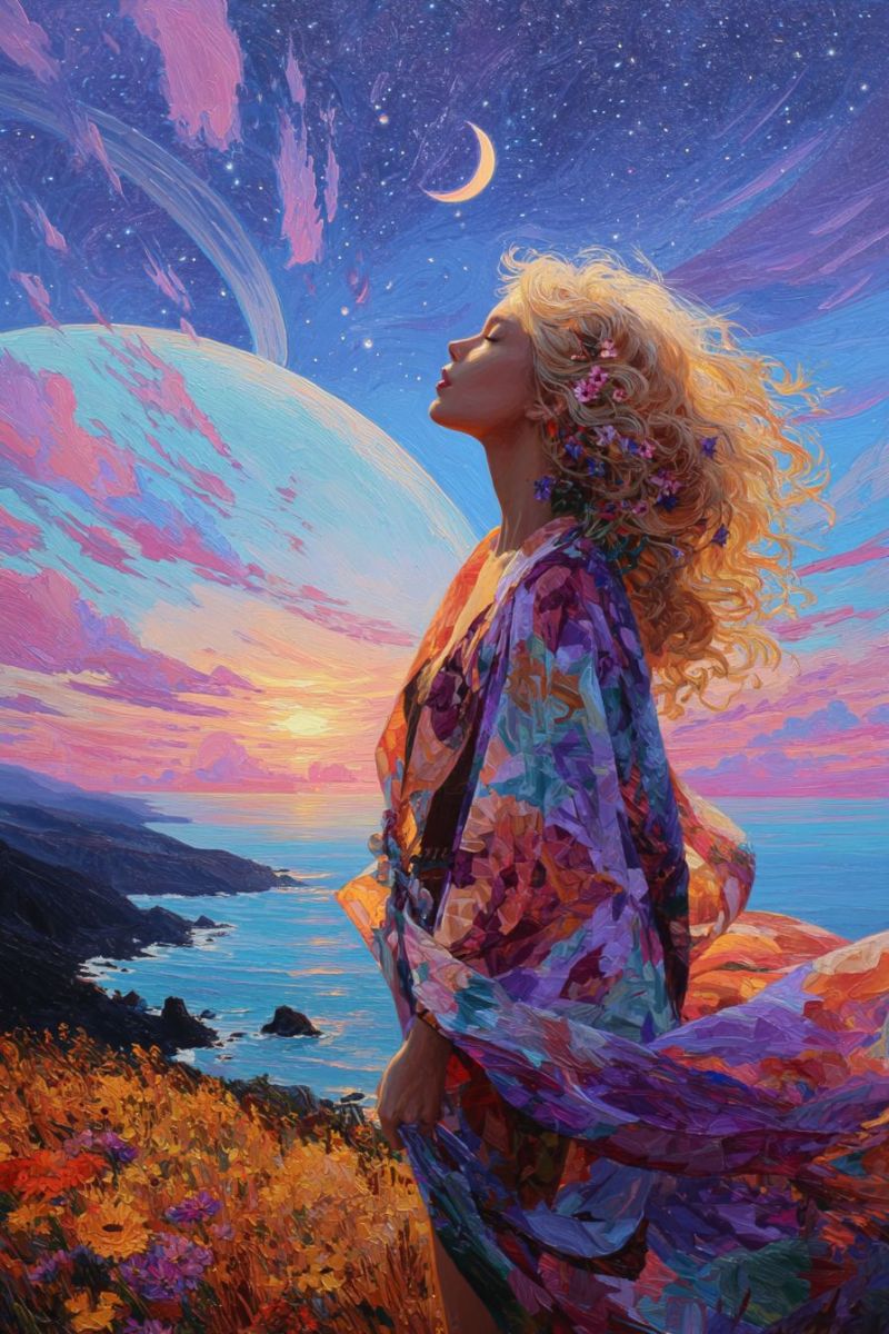Femme fantaisie ocean ciel nuages lune etoiles fleurs robe soiree coucher soleil nature beaute Une femme aux cheveux blonds bouclés se tient sur une colline, contemplant le ciel. Elle porte une robe fluide aux multiples couleurs ornée de fleurs. Le ciel est un mélange de teintes bleues, roses et violettes, avec un croissant de lune et des étoiles. En dessous, un océan serein s'étend jusqu'à l'horizon, reflétant les couleurs du ciel. Au loin, une grande planète avec un système d'anneaux est visible.