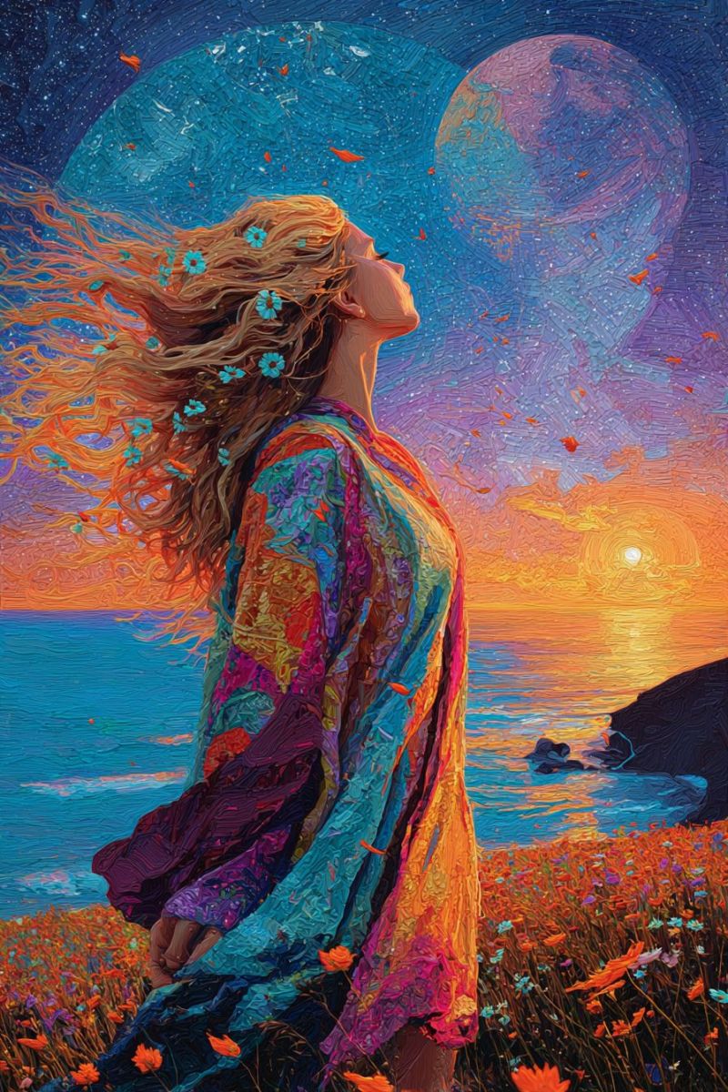 Femme fantaisie imagination reve inspiration beaute moderne contemporain surrealisme nuit coucher soleil ocean fleurs Une femme aux cheveux longs et ondulés ornés de fleurs bleues se tient dans un champ de fleurs orange vibrantes, ses cheveux flottant au vent. Elle porte une robe colorée et fluide avec un mélange de teintes violettes, roses et bleues. Elle regarde vers le haut, apparemment perdue dans ses pensées, alors que le ciel au-dessus d'elle est un mélange de bleus et de violets profonds, parsemé d'étoiles. En arrière-plan, il y a un océan serein avec un soleil couchant projetant une lumière chaude et dorée sur l'eau et le ciel. La scène est encadrée par une grande planète lumineuse dans le ciel, ajoutant une touche mystique à la composition globale.