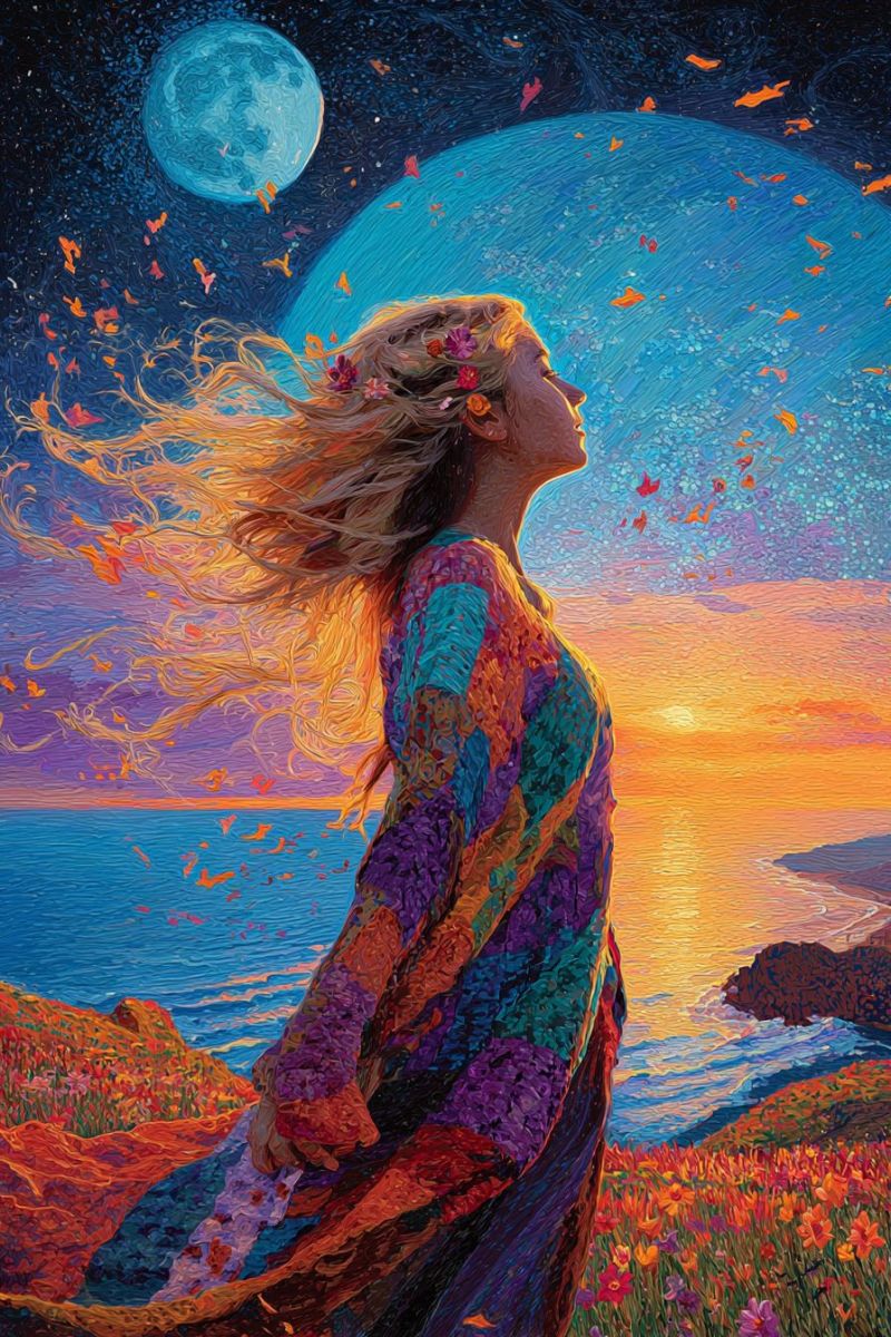 Femme coucher soleil lune fleurs papillons ocean falaise reveur fantaisie nature beaute inspiration imagination Une femme aux cheveux longs et flottants se tient sur une falaise surplombant l'océan au coucher du soleil. Elle porte une robe colorée et fluide ornée de fleurs dans ses cheveux. Le ciel est un mélange de teintes orange et bleues, avec une grande lune lumineuse et des papillons éparpillés. L'océan est calme, reflétant les couleurs du coucher de soleil, et la falaise est couverte de fleurs vibrantes.