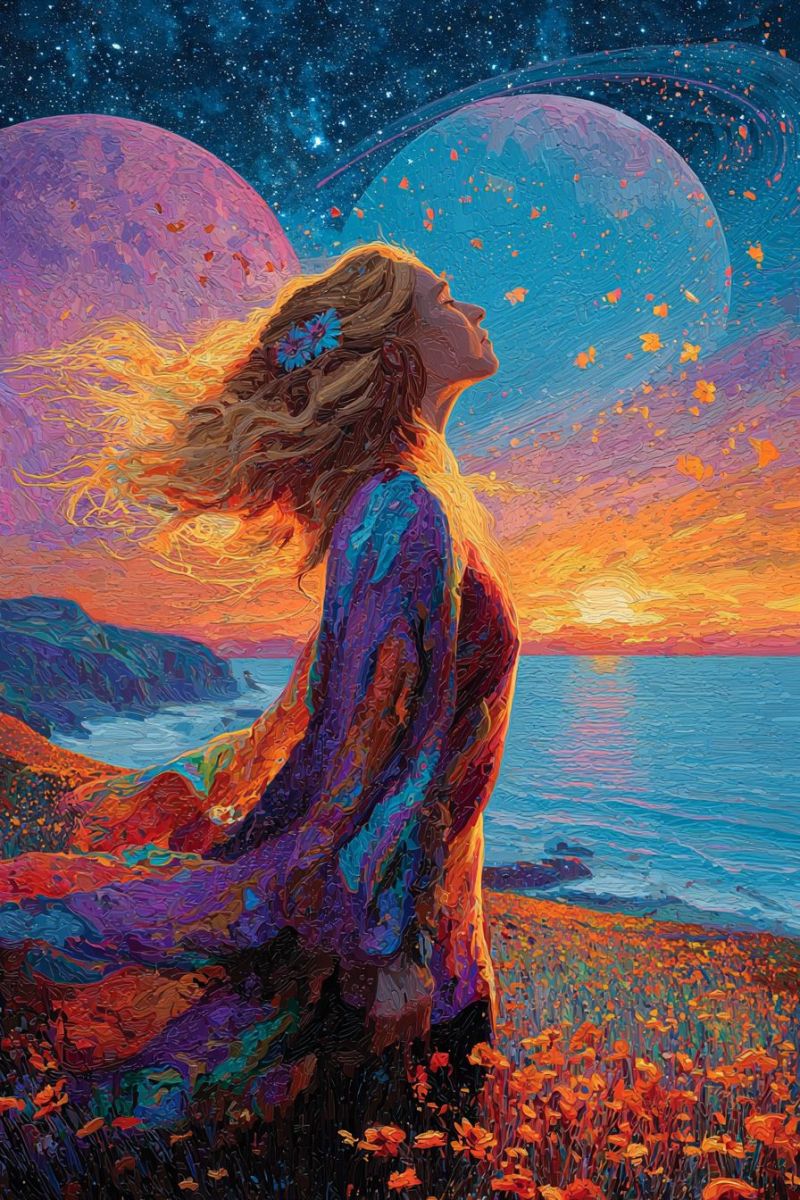 Femme fantaisie imagination reve espace univers planete etoile ciel coucher soleil ocean fleur champ Une femme aux cheveux longs et ondulés se tient dans un champ de fleurs orange vibrantes, ses cheveux flottant dans le vent. Elle porte une robe colorée et fluide qui mêle des nuances de violet, de bleu et de rouge. Elle regarde vers le haut, apparemment perdue dans ses pensées, les yeux fermés. Le ciel au-dessus est un mélange de bleus profonds et de violets, parsemé d'étoiles, et il y a deux grandes planètes lumineuses en arrière-plan. L'horizon est peint d'un coucher de soleil, projetant des teintes chaudes d'orange et de rose à travers le ciel et se reflétant sur l'océan calme au loin.