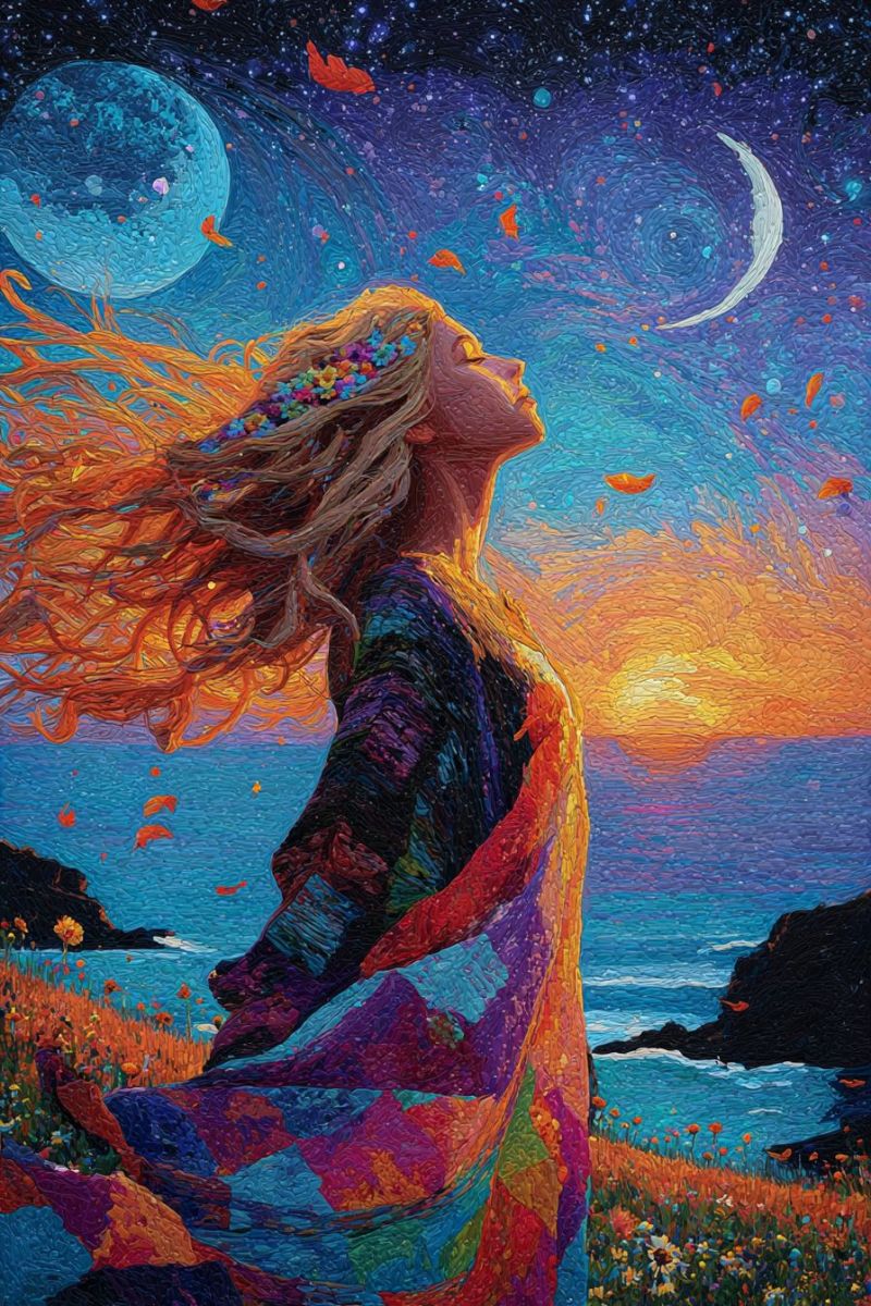 Femme ciel ocean fleurs papillons lune etoiles coucher soleil nuages rochers mer collines arbres montagnes eau nuit soiree reve Une femme aux cheveux longs et flottants se tient sur un champ d'herbe, ses cheveux flottant dans le vent. Elle porte une robe colorée et fluide ornée de divers motifs et couleurs. Elle lève les yeux vers le ciel, qui présente une grande lune bleue lumineuse et un croissant de lune. Le ciel est rempli d'étoiles et de petits objets flottants. Le soleil se couche à l'horizon, projetant une lueur chaude sur la scène. L'océan est calme, avec une petite île visible au loin. Le fond est un mélange de couleurs vibrantes, créant une atmosphère onirique et surréaliste.