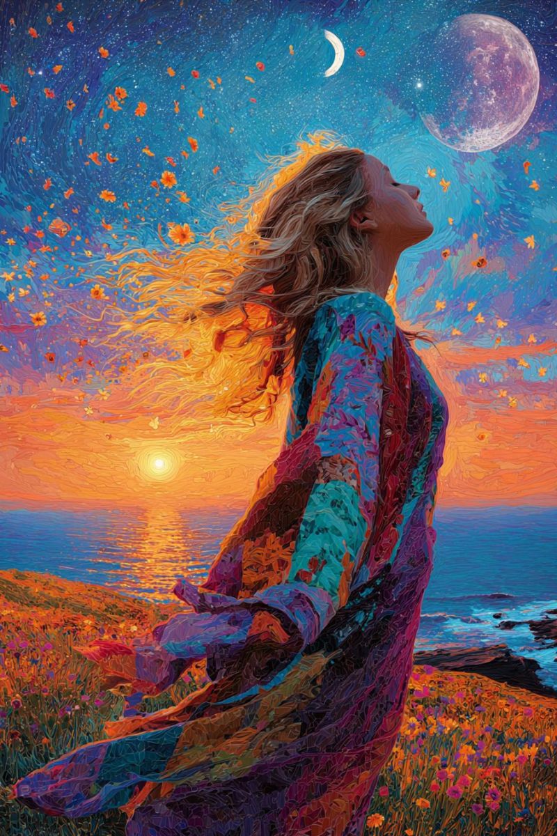 Femme robe champ fleurs ciel lune etoiles coucher soleil ocean papillons fantaisie onirique inspiration creativite nature beaute Une femme se tient dans un champ de fleurs, ses cheveux flottant dans la brise. Elle porte une robe colorée et fluide qui capte la lumière. Elle lève les yeux vers le ciel, qui est rempli de couleurs vibrantes d'orange et de rose du coucher du soleil. Le ciel présente également une grande pleine lune lumineuse et une lune croissante, avec des étoiles dispersées autour. L'océan en arrière-plan reflète les couleurs du coucher du soleil, et la scène est entourée d'un sentiment de tranquillité et d'émerveillement.