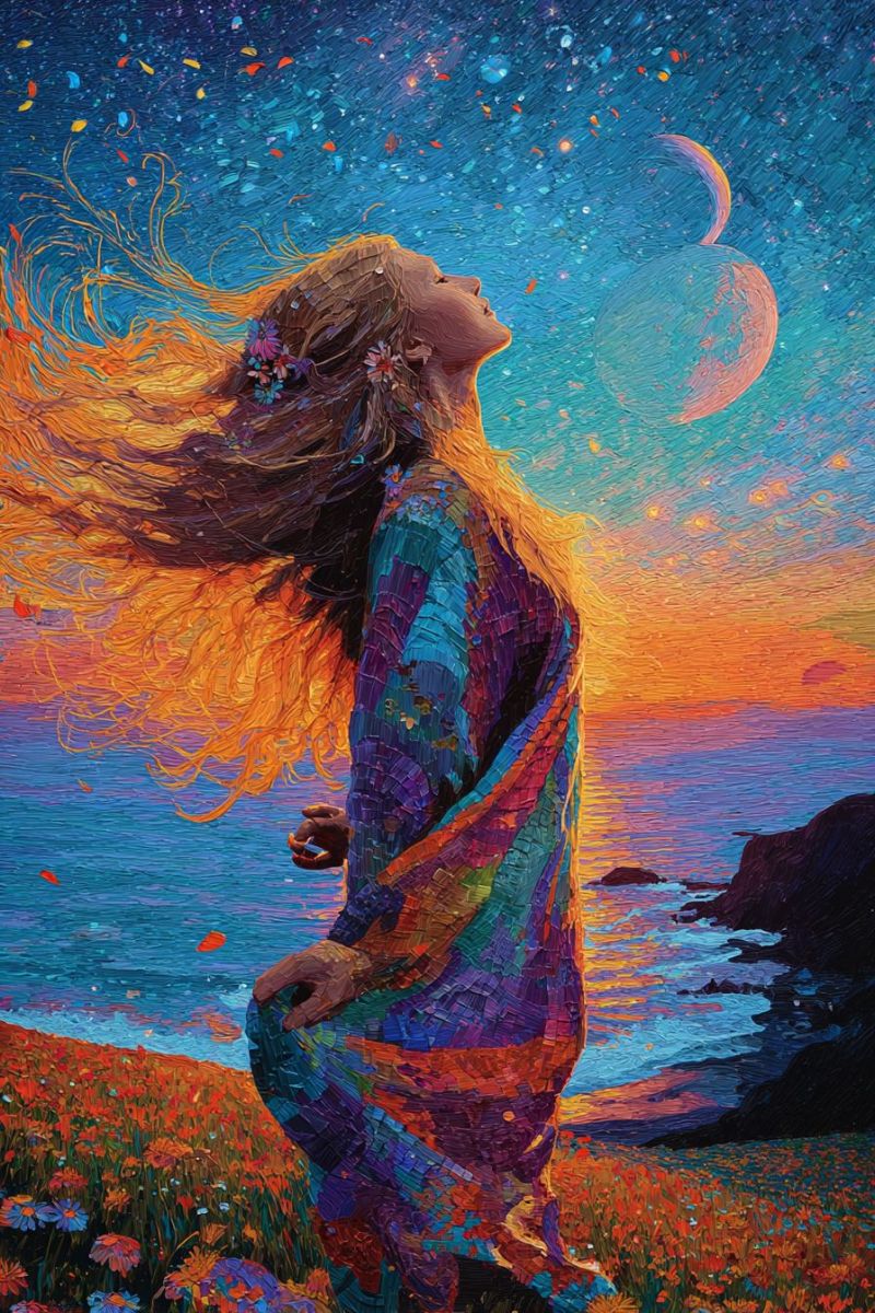 Femme fantaisie imagination reve coucher soleil ocean ciel nuages fleurs robe nuit etoiles Une femme se tient dans un champ de fleurs, ses longs cheveux flottant dans le vent. Elle porte une robe patchwork colorée ornée de fleurs dans ses cheveux. Elle regarde vers le haut, apparemment perdue dans ses pensées, alors que le ciel au-dessus d'elle est un mélange vibrant de bleus, d'oranges et de roses, avec le soleil se couchant à l'horizon. L'océan s'étend derrière elle, avec une petite île visible au loin. La scène est remplie d'un sentiment de merveille et de tranquillité.