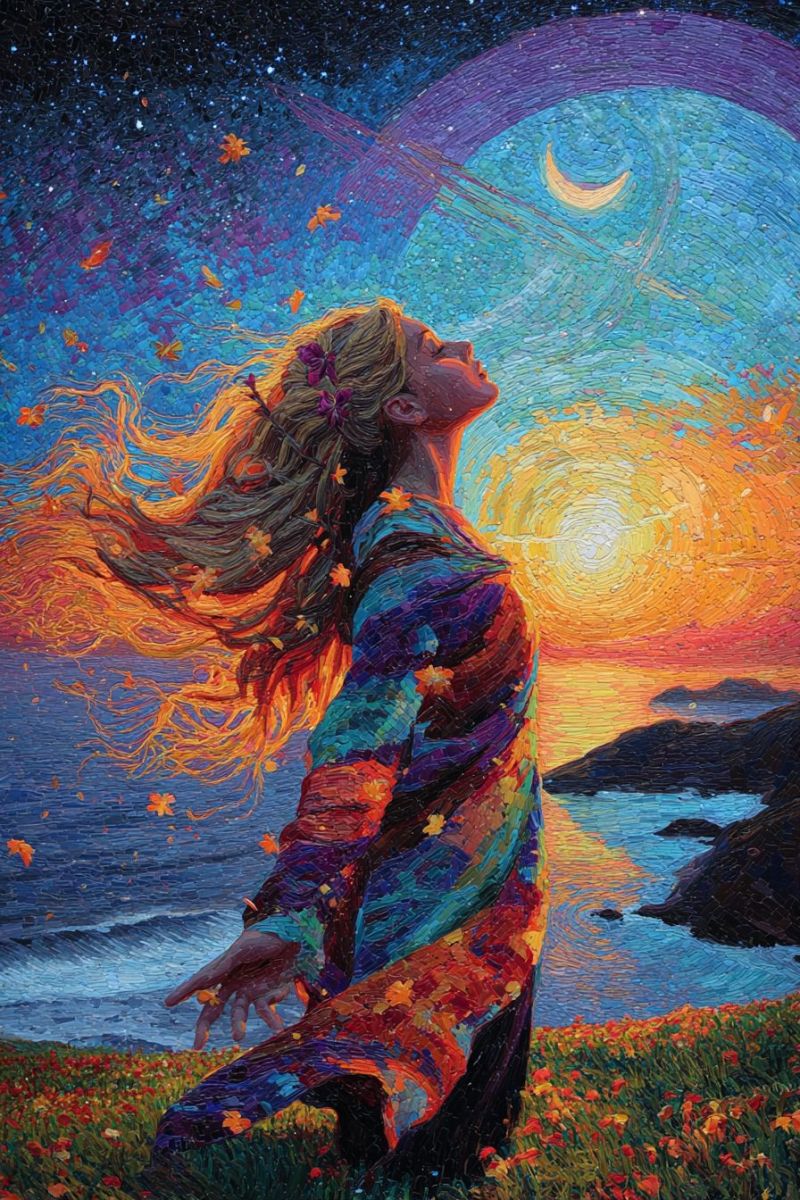 Femme ciel coucher soleil ocean herbe fleurs automne feuilles vent reve fantaisie nature inspiration creativite Une femme se tient sur un champ d'herbe, ses cheveux flottant dans le vent, alors qu'elle regarde vers le haut. Elle porte une robe colorée et fluide ornée de petites fleurs. Le ciel au-dessus est un mélange vibrant d'orange et de jaune, représentant un coucher ou un lever de soleil. Le soleil est partiellement visible, entouré d'un halo de lumière. En arrière-plan, il y a un océan serein avec une petite île et un croissant de lune. La scène est remplie de feuilles qui tombent, ajoutant au sentiment de mouvement et de changement.