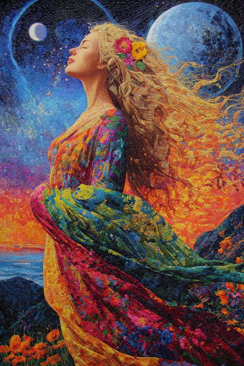 Femme fleurs ciel nuit lune etoiles coucher soleil montagnes ocean robe bourgeons beaute inspiration Oeuvre d'art en mosaïque vibrante d'une femme debout sur une falaise, ses cheveux flottant dans le vent. Elle porte une robe colorée et fluide ornée de fleurs dans ses cheveux. Le fond présente un coucher de soleil avec des teintes d'orange, de rose et de bleu. Au-dessus d'elle, le ciel est rempli d'éléments célestes, y compris une grande lune détaillée et un croissant de lune, le tout rendu dans un style mosaïque avec de petites tuiles colorées. Le sol en dessous est couvert de fleurs sauvages, et l'océan est visible au loin