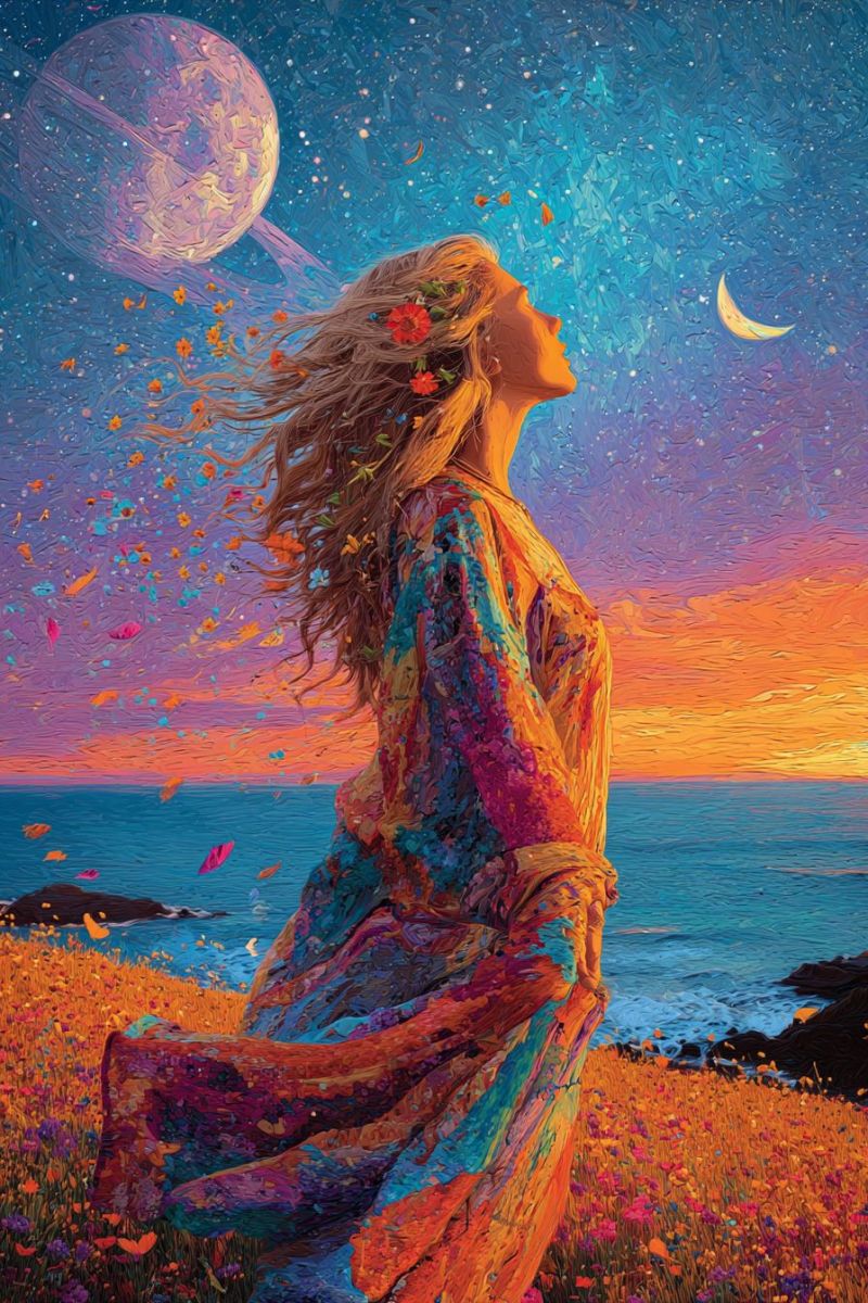 Woman dress flowers sky night moon stars planet ocean sunset butterflies field rocks painting fantasy imagination dreams inspiration A woman with long, flowing hair adorned with flowers stands in a field of vibrant flowers under a twilight sky. She gazes upward, seemingly lost in thought, with her hair and flowers floating around her. The sky is a blend of deep blues and purples, dotted with stars and a crescent moon. In the distance, a large planet with rings and a sea horizon with gentle waves complete the serene scene.