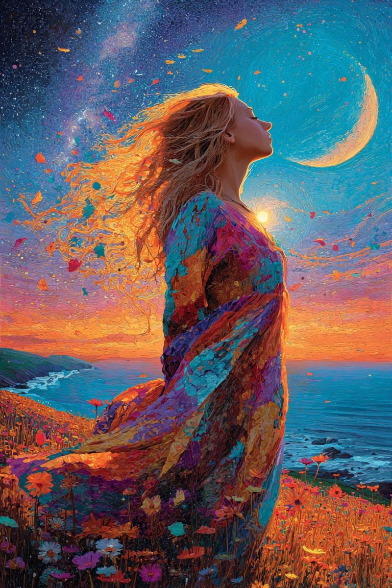 Woman dress field flowers ocean sky moon stars night painting imagination fantasy dream inspiration beauty colorful creativity In the painting, a woman stands in a field of vibrant flowers under a twilight sky. Her hair flows freely, blending with the colorful petals around her. She wears a flowing, multicolored dress that mirrors the hues of the sunset. The sky is a blend of deep blues and warm oranges, with a crescent moon and a bright sun visible. The scene is filled with a sense of tranquility and wonder, with the ocean visible in the background, reflecting the colors of the sky.