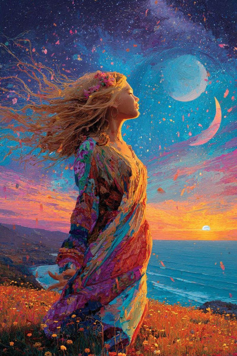 Woman dress flowers sky night moon stars ocean sunset painting fantasy imagination dreams inspiration creativity beauty nature A woman with long, flowing hair stands on a cliff overlooking the ocean. She wears a colorful, flowing dress adorned with flowers in her hair. The sky is a mix of deep blues and purples, with a crescent moon and a large, glowing planet visible. The sun is setting on the horizon, casting warm orange and pink hues across the sky and reflecting on the ocean. The scene is filled with vibrant colors and a sense of tranquility.