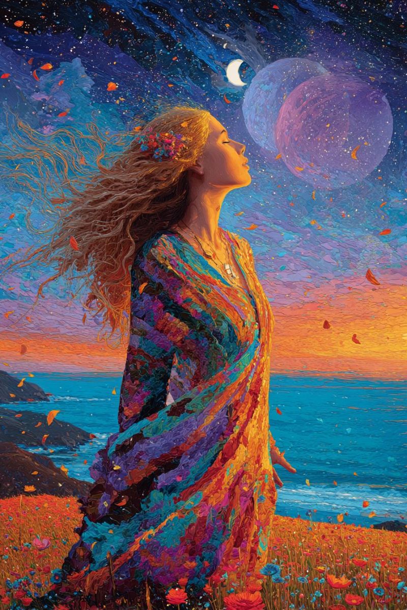 Femme fantaisie nuit ciel lune etoiles fleurs robe ocean coucher soleil reve Une femme aux longs cheveux blonds ondulés se tient dans un champ de fleurs vibrantes sous un ciel surréaliste. Elle porte une robe fluide aux multiples couleurs ornée de motifs complexes. Ses yeux sont fermés et elle semble contempler le ciel. Le ciel est un mélange de bleus profonds, de violets et d'oranges, avec un croissant de lune et deux grandes planètes lumineuses. La scène est remplie de feuilles et de pétales flottants, ajoutant à la qualité onirique. L'océan en arrière-plan est calme et reflète les couleurs du ciel.