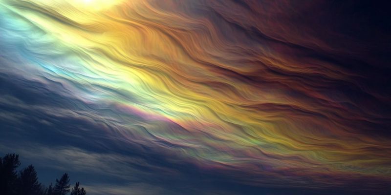 Ciel nuages arc atmosphere meteo nature reflet soleil horizon foret arbres journee luminosite saturation L'image présente un ciel dramatique et coloré rempli de nuages ondulés et ondoyants. Les nuages sont principalement sombres en haut, passant par un spectre de couleurs à mesure qu'ils descendent. Les couleurs incluent des violets profonds, des bleus et des verts en haut, se fondant progressivement en jaunes, oranges et roses vers le bas. Les nuages ont une texture ondulée, presque liquide, créant un effet fascinant et surréaliste. Sous les nuages, il y a des silhouettes d'arbres, ajoutant de la profondeur à la scène. L'atmosphère générale est celle d'une beauté naturelle et d'un émerveillement, avec un ciel apparaissant presque d'un autre monde.