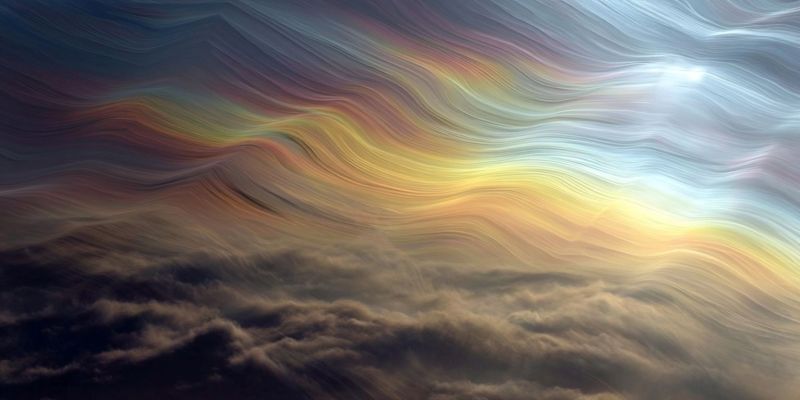 Sky clouds rainbow atmosphere weather nature colorful pattern texture gradient reflection sunlight brightness hue saturation contrast mood The image showcases a mesmerizing sky filled with vibrant, swirling colors. The upper part of the sky features a gradient of colors transitioning from deep blues and purples to lighter blues and whites, creating a sense of depth and movement. Below this, there are bands of yellow, orange, and pink hues, which appear to be moving and blending into each other, giving the impression of a dynamic, flowing pattern. The clouds below are dense and dark, contrasting sharply with the bright, colorful sky above. The overall effect is one of a surreal, almost otherworldly landscape, with the colors and patterns suggesting a sense of motion and transformation.