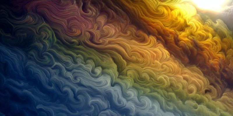 Colorful design fractal fractals modern pattern texture wave vibrant, abstract cloudscape with a spectrum of colors including deep blues, purples, yellows, oranges, and greens. The clouds are depicted in swirling, wavy patterns that create a sense of movement and depth. The colors blend seamlessly into one another, with some areas appearing more solid and others more translucent. The top right corner of the image shows a bright, glowing light, possibly from the sun, casting a warm, golden hue over the clouds. The overall effect is dynamic and visually striking, evoking a sense of wonder and imagination.