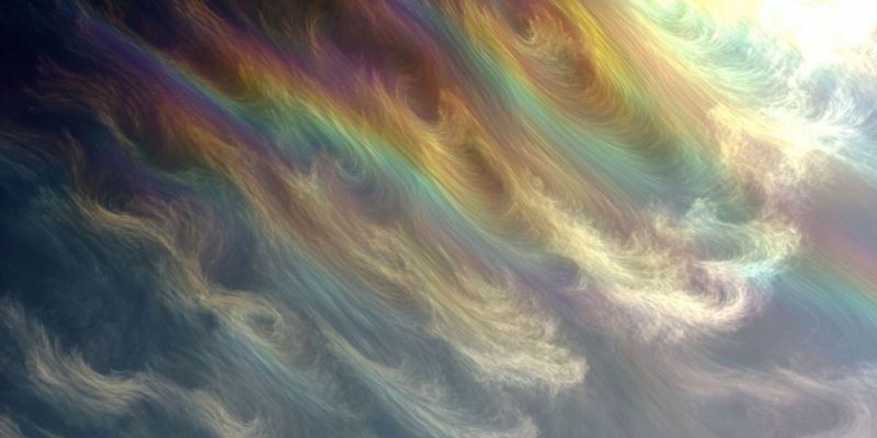 Arc ciel nuages atmosphere texture dynamique energie Un ciel vibrant et dynamique rempli de nuages tourbillonnants et d'un arc-en-ciel proéminent. Les nuages sont un mélange de bleus profonds, de gris et de blancs, avec certaines zones apparaissant plus translucides et d'autres plus denses. L'arc-en-ciel s'étend à travers le ciel, affichant un spectre complet de couleurs allant du rouge au violet. La source de lumière, probablement le soleil, est positionnée derrière les nuages, projetant une douce lueur qui rehausse les couleurs et crée un sentiment de profondeur. L'effet global est celui d'un mouvement et d'une beauté naturelle, avec l'interaction de la lumière et des couleurs créant une scène fascinante.