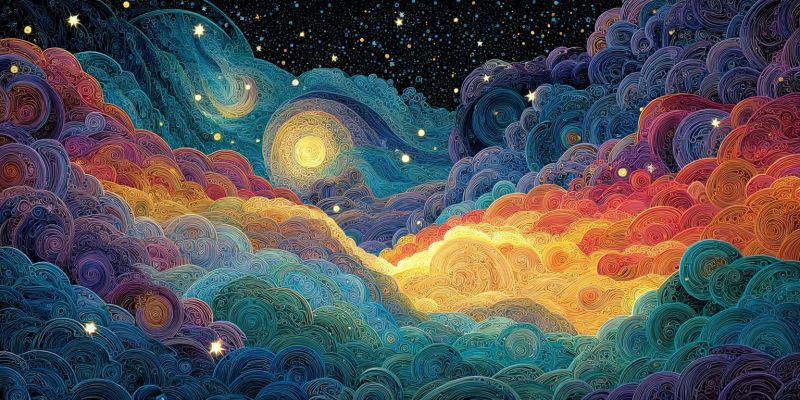 Clouds colorful cosmic creativity design dreamy fantasy imagination intricately layered night paper pattern sky space stars texture whimsical vibrant, abstract sky filled with swirling, layered clouds in various colors such as blue, purple, yellow, orange, and pink. The clouds are intricately detailed, with a textured, almost quilted appearance, giving them a three-dimensional look. The sky transitions from a deep blue at the top to a warm yellow and orange gradient towards the bottom, suggesting a sunset or sunrise. Scattered throughout the sky are stars and a crescent moon, adding to the celestial theme. The overall effect is dreamlike and fantastical, with a sense of movement and depth.