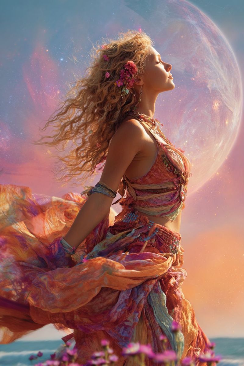 Femme robe fleurs lune ciel nuit fantaisie beaute fille Une femme aux longs cheveux blonds ondulés ornés de fleurs roses se tient sur une plage, les yeux fermés et la tête inclinée vers le haut. Elle porte une robe colorée et fluide avec un haut halter et un collier de perles. La robe présente un mélange de teintes orange, rose et violet. Derrière elle, une grande lune lumineuse avec un dégradé rose et bleu est visible, entourée d'une douce lumière éthérée. L'arrière-plan présente un dégradé de rose et de bleu, avec une touche d'orange au bas, créant une atmosphère onirique et mystique.