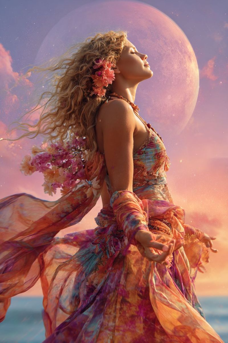 Woman dress flowers moon sky clouds ocean sunset fantasy beauty fashion nature inspiration dreamy elegant A woman with curly blonde hair stands on a beach, her eyes closed, and her head tilted upward. She wears a colorful, flowing dress adorned with flowers and a necklace. The dress has a mix of pink, orange, and blue hues. Behind her, a large, glowing pink moon is set against a back of pink and purple clouds. The sky transitions to a serene blue near the horizon, where the ocean meets the sky.
