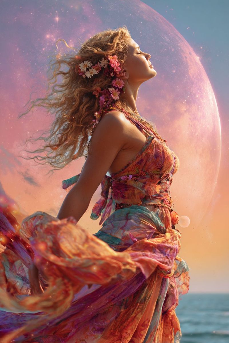 Femme robe fleurs lune ciel ocean coucher soleil etoiles fantaisie beaute nature reveur elegant Une femme aux cheveux blonds bouclés se tient sur une plage, ses cheveux ornés de fleurs roses. Elle porte une robe vibrante et fluide aux teintes orange, rose et bleu. La robe a un décolleté bénitier et une ceinture avec des éléments décoratifs. Elle regarde vers le haut, apparemment émerveillée par la grande lune lumineuse derrière elle. La lune est entourée d'un doux dégradé rose et violet, avec des étoiles dispersées autour. L'océan est calme, reflétant les couleurs du ciel.