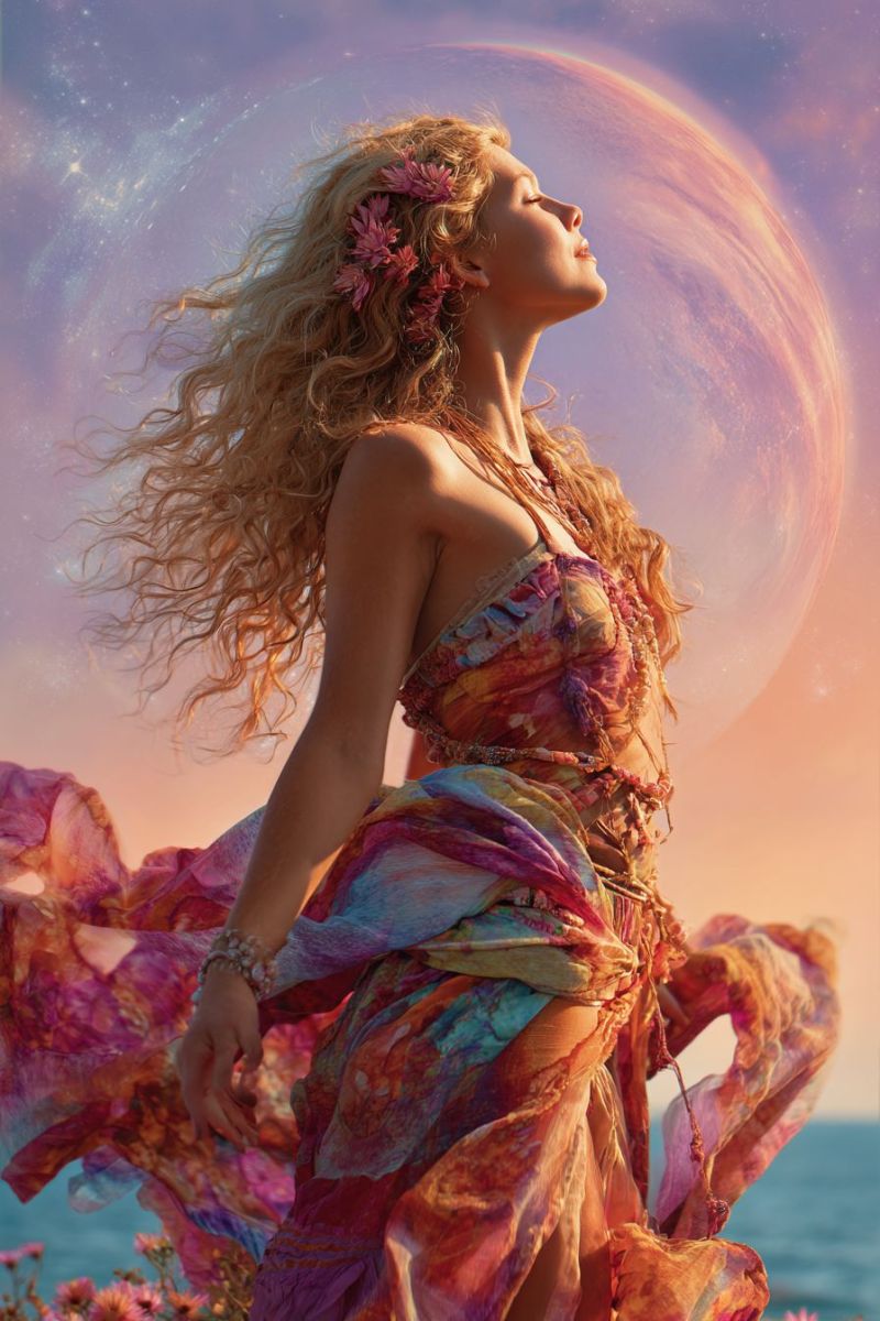 Woman dress flowers sky moon night fantasy beauty fashion elegant gorgeous inspiration dreamy colorful A woman with long, wavy blonde hair stands on a beach at sunset, her eyes closed and her head tilted upward. She wears a colorful, flowing dress adorned with intricate patterns and a necklace. Her hair is decorated with pink flowers. Behind her, a large, glowing moon is partially visible, surrounded by a soft, ethereal light. The sky is a mix of warm sunset colors, and the ocean is calm and blue.