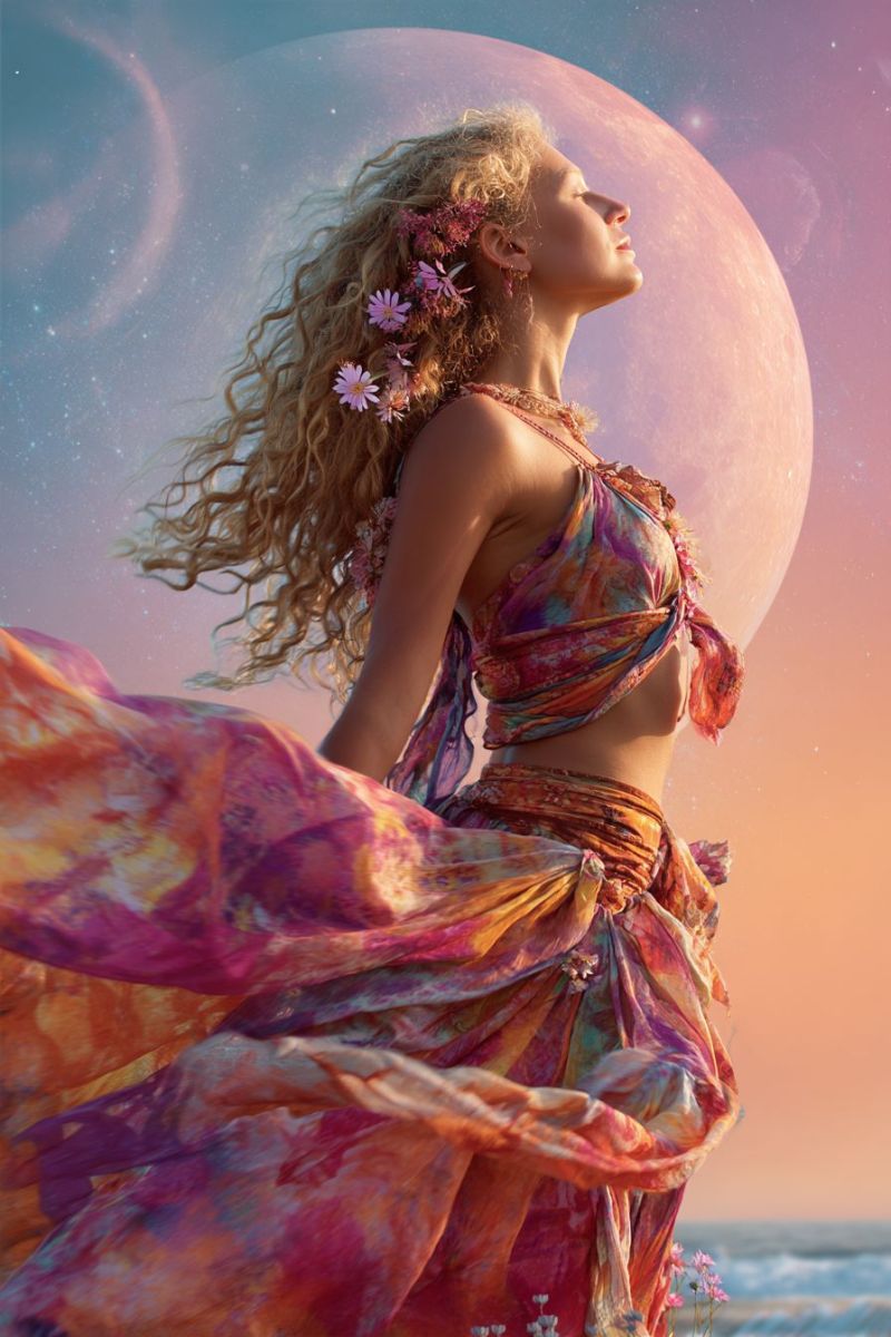 Femme robe fleurs lune ciel nuit fantaisie beaute soiree reve inspiration elegance eclat Une femme aux cheveux blonds bouclés se tient sur une plage au coucher du soleil, sa robe fluide aux couleurs vives de rose, orange et jaune. Elle porte une coiffe fleurie colorée et un collier, et sa robe est ornée de petites fleurs. Elle regarde vers le haut, apparemment perdue dans ses pensées, avec une grande lune lumineuse en arrière-plan. Le ciel est un mélange de teintes roses et bleues, et les vagues de l'océan viennent doucement lécher le rivage.