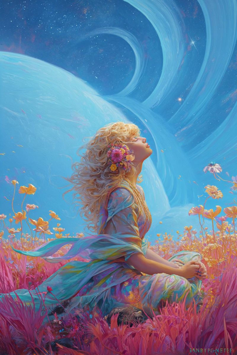 Fille fleurs fantaisie reve espace univers cosmos etoile nuit ciel papillon champ herbe imagination beaute inspiration Une femme aux longs cheveux blonds est assise sur le sol dans un champ de fleurs roses. Elle porte une robe colorée avec une couronne de fleurs sur la tête. Elle regarde le ciel, qui est rempli d'étoiles et d'une grande planète. Le ciel est bleu et présente un design en spirale. Les fleurs du champ sont jaunes et roses. L'image a une qualité onirique et surréaliste.
