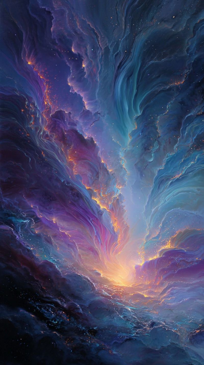 Espace galaxie nebuleuse cosmos etoile univers astronomie celeste cosmique galactique astronomique interstellaire planetaire astrophysique astrologie Scène cosmique surréaliste et vibrante. Elle présente des nuages tourbillonnants de teintes bleu profond, violet et jaune, créant un effet dynamique et fluide. Les nuages sont illuminés par une lumière chaude et brillante qui semble venir du centre, projetant une lueur dorée. Le fond est d'un bleu profond et sombre, contrastant avec les couleurs vives des nuages. L'atmosphère générale est éthérée et irréelle, évoquant un sentiment d'émerveillement et de mystère.