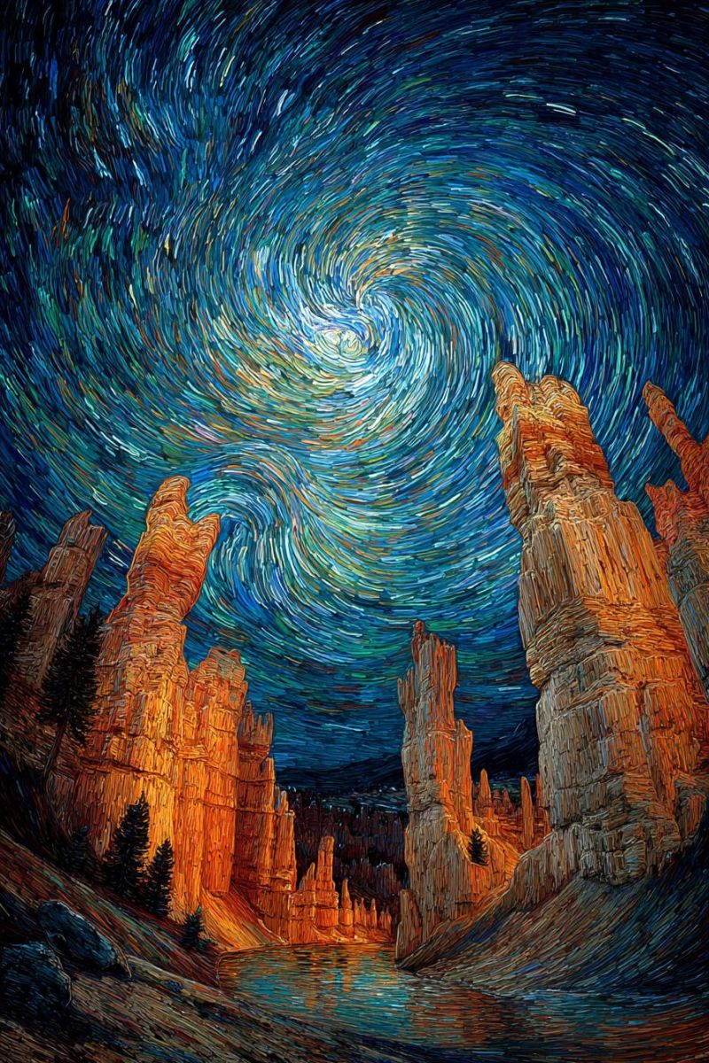Mountains trees water painting nature outdoors scenery vista horizon sky stars night star trails rock formations The painting depicts a night sky filled with swirling stars, creating a mesmerizing star trail effect. The sky is a deep blue with streaks of yellow and white, giving the impression of a long exposure photograph. Below the sky, there are towering rock formations, likely hoodoos, painted in warm orange and brown hues. These structures are illuminated by the soft glow of the stars, casting shadows that add depth to the scene. In the foreground, there is a body of water, possibly a river or lake, reflecting the starry sky. The overall atmosphere is serene and magical, capturing the beauty of a night under the stars.