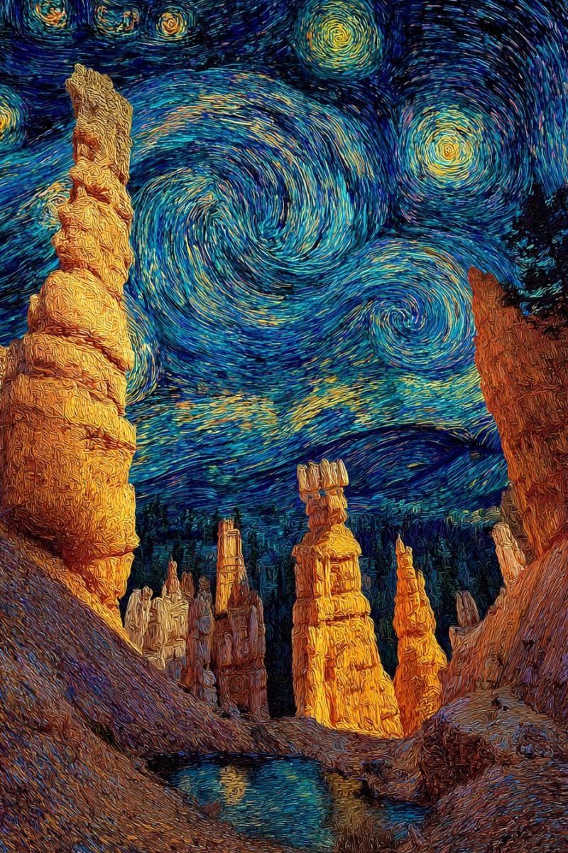 Painting night sky stars colorful texture impressionism post outdoors nature mountains water reflection rock formation brush strokes modern ight scene featuring a star-filled sky with swirling patterns of stars and a prominent yellow star. The sky is a deep blue with swirling yellow and white patterns. In the foreground, there are several tall, narrow rock formations with a reddish-brown color, illuminated by the light of the stars. The rocks are arranged in a way that resembles a natural formation. The ground is covered in a mix of brown and orange hues, and there is a small body of water reflecting the stars. The overall atmosphere is serene and mystical, with the stars creating a magical effect on the landscape.