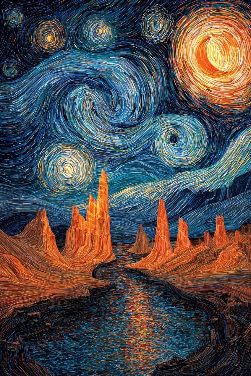 Etoiles lune eau reflet nuit celeste cosmos desert montagnes ciel roche formations coups pinceau espace La peinture représente un ciel nocturne rempli d'étoiles tourbillonnantes et vibrantes et d'une grande lune lumineuse. Le ciel est d'un bleu profond avec des traînées de jaune et d'orange, créant un effet dynamique et presque abstrait. Sous le ciel, il y a un paysage présentant une série de formations rocheuses orange et irrégulières qui s'élèvent brusquement du sol. Ces formations sont illuminées par la lumière de la lune, projetant de longues ombres et ajoutant à l'effet dramatique. Au premier plan, un plan d'eau, peut-être une rivière ou un lac, reflète les couleurs du ciel et de la lune, ajoutant une qualité sereine et réflexive à la scène. L'ambiance générale est celle de la tranquillité et de l'émerveillement, avec les éléments naturels du ciel nocturne et du paysage se réunissant dans une composition harmonieuse et captivante.