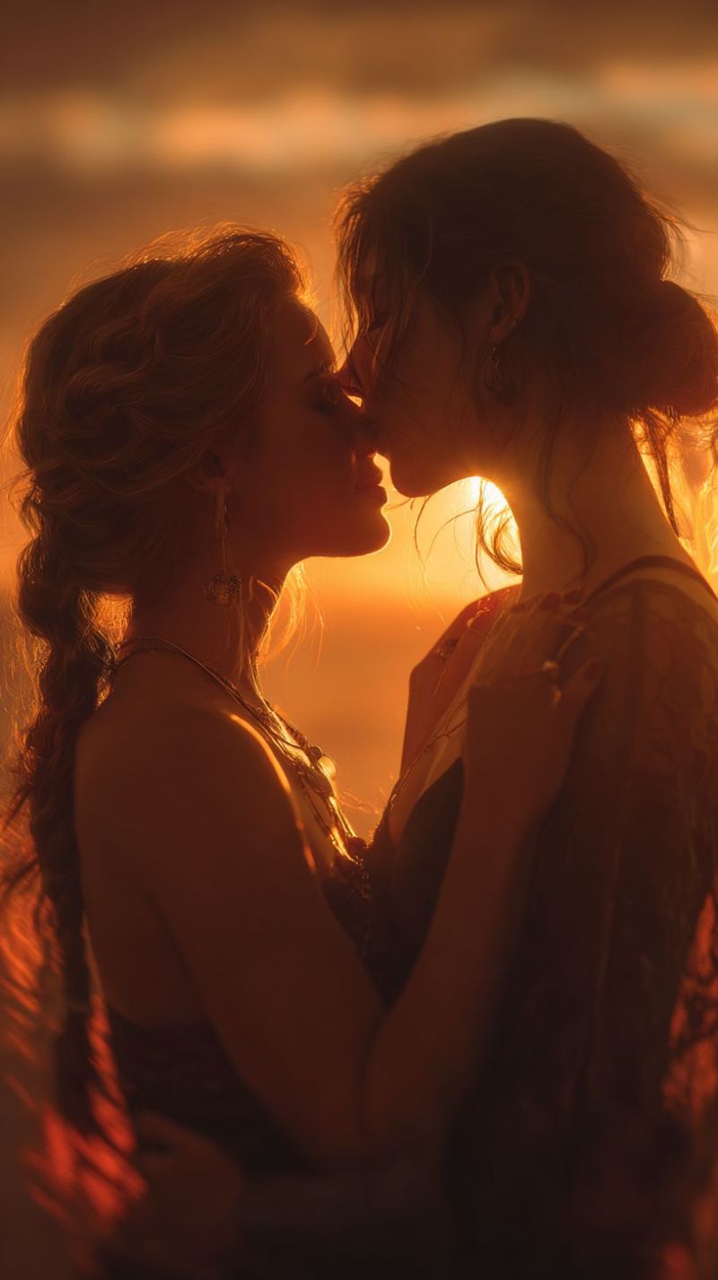 Couple kiss romantic love embrace sunset warm tender passion intimacy affection connection gaze emotion moment beauty Two women are embracing each other in a warm, intimate moment. The woman on the left has long, wavy hair that falls over her shoulders, and she wears a necklace with a pendant. The woman on the right has her hair tied back in a bun, and she wears a sleeveless top. They are standing close together, with their faces almost touching, and their bodies are wrapped around each other. The background is a warm, orange glow, possibly from the setting sun.