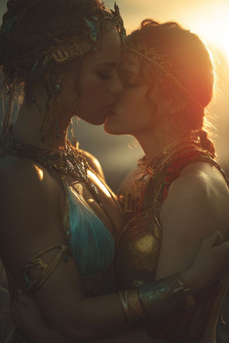 Couple embrace kiss love romantic sunset tenderness affection intimacy passion emotion connection warmth closeness adoration devotion bliss blithe bli Two women are embracing each other in a tender moment, their faces close together. The woman on the left wears a blue dress with intricate gold and turquoise jewelry, including a headpiece adorned with turquoise stones. The woman on the right is dressed in a red and gold outfit, with a golden headpiece and a red fabric wrapped around her shoulder. Their hair is styled in loose waves, and the background is softly lit, possibly from a sunset.