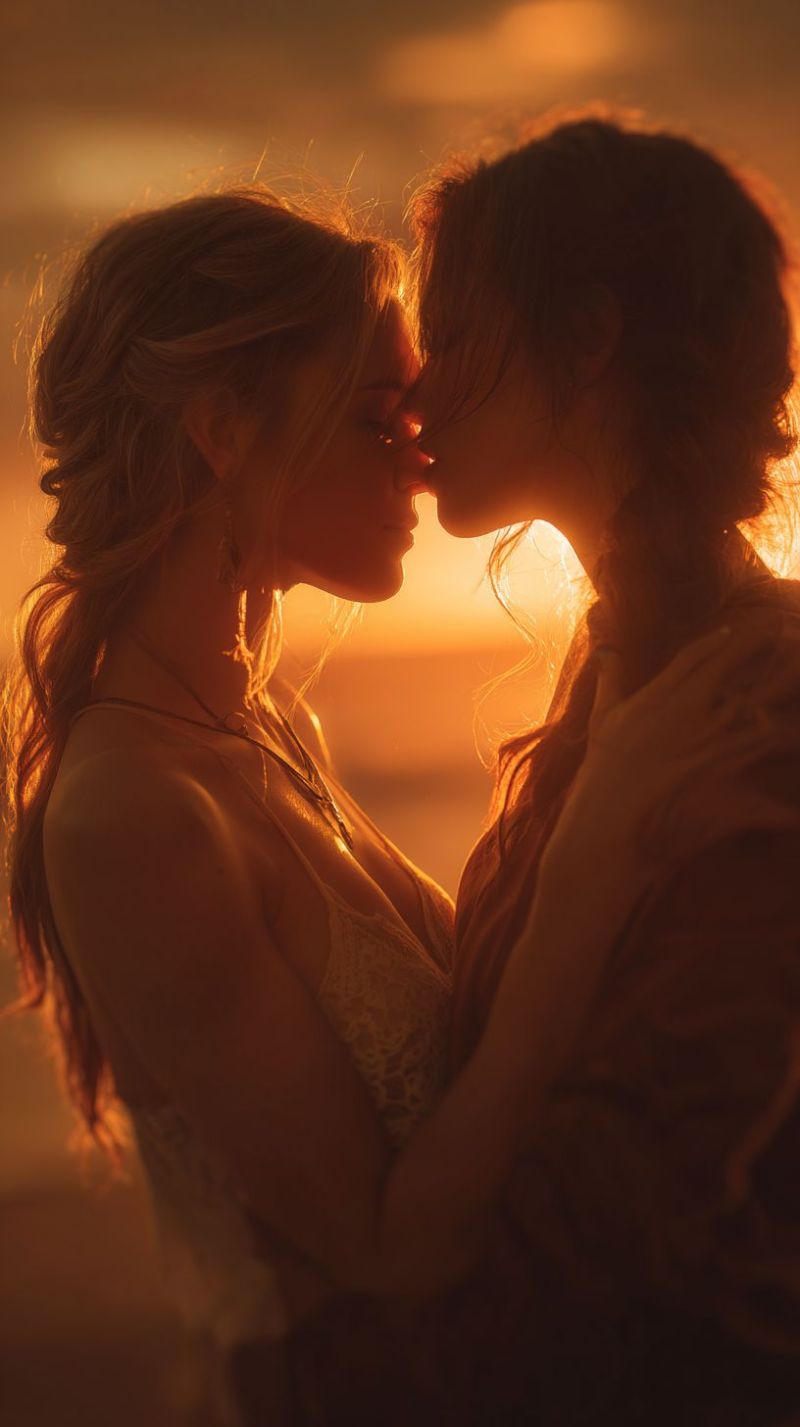 Couple kiss sunset romantic beach love embrace tenderness warmth intimacy passion connection affection bliss blissful blissfully blissfulness Two women are embracing each other in a warm, intimate moment. The woman on the left has long, wavy hair and is wearing a necklace and earrings. She is looking at the woman on the right, who has her hair tied back and is wearing a sleeveless top. The woman on the right is kissing the woman on the left on the forehead. The background is a warm, orange glow, possibly from the setting sun.