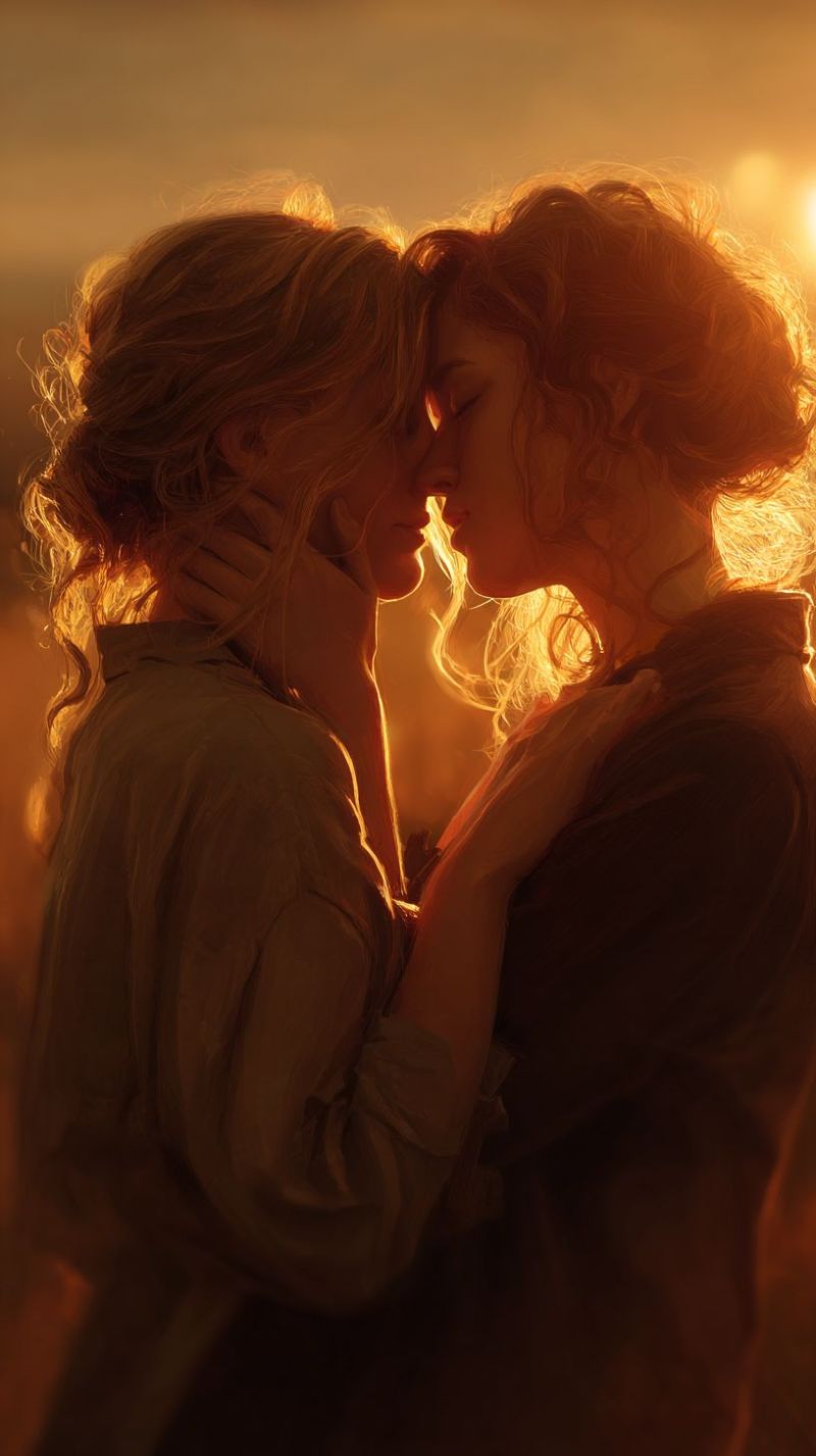 Couple etreinte baiser amour romance coucher soleil tendresse chaleur affection intimite connexion passion eclat emotionnel moment proximite reconfort Deux femmes s'embrassent dans un moment chaleureux et intime. Leurs cheveux sont dorés et ondulés, tombant sur leurs épaules. Elles portent des chemises à manches longues, la femme sur la gauche vêtue d'une teinte plus sombre. Leurs visages sont proches l'un de l'autre, et elles semblent partager un tendre baiser. L'arrière-plan est doucement flou, suggérant un coucher de soleil ou une lumière chaude et dorée. L'ambiance générale est celle d'une profonde affection et connexion.