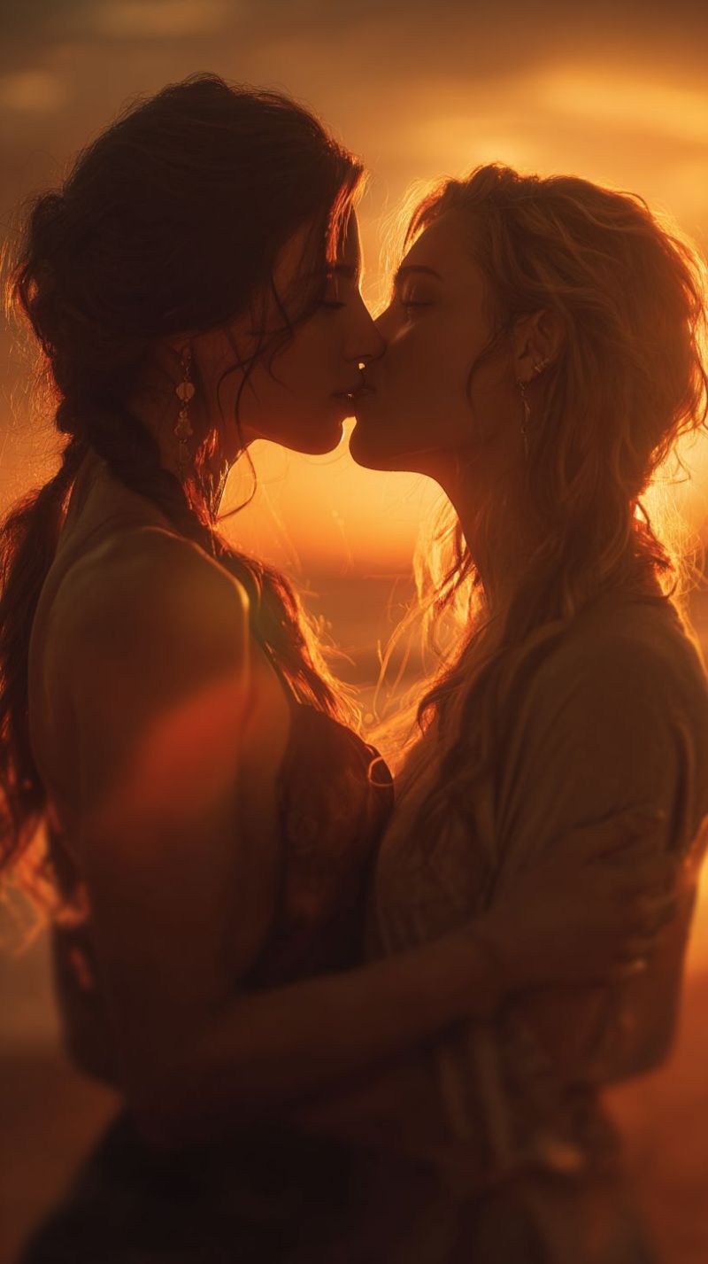 Baiser couple romantique coucher soleil amour etreinte air chaleur tendresse intimite passion affection proximite emotionnel connexion calin regard Deux femmes s'embrassent dans un moment tendre, leurs visages proches l'un de l'autre alors qu'elles partagent un baiser. La femme sur la gauche a de longs cheveux noirs qui cascadent le long de son dos, tandis que la femme sur la droite a des cheveux blonds ondulés qui tombent autour de ses épaules. Les deux femmes portent des hauts sans manches, et la femme sur la gauche a une tresse dans ses cheveux. Le fond est d'une teinte chaude et dorée, suggérant que la photo a été prise pendant le coucher du soleil.